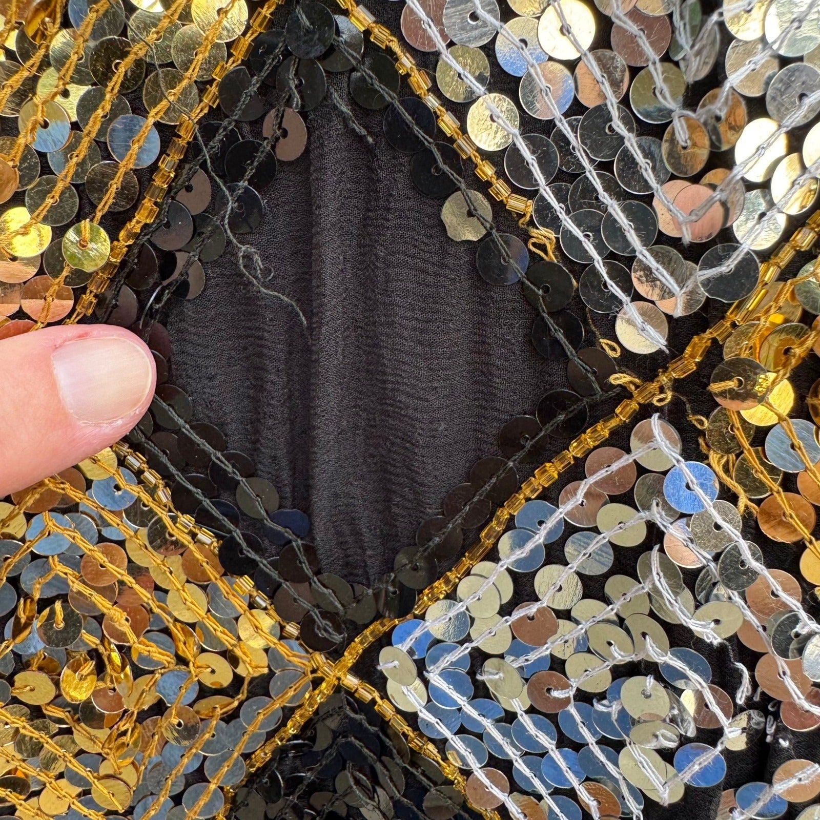 Exclusive Vintage 80s Silk Sequin Harlequin Diamond Disco Gatsby Party Blouse S