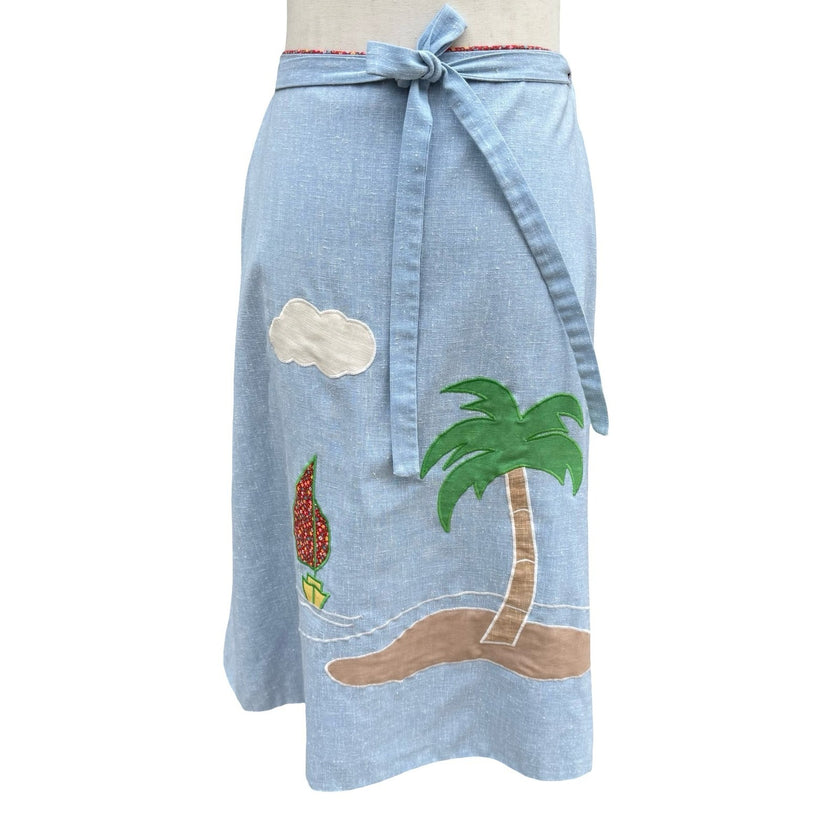 Katy-Did Casuals Vintage Tropical Applique Wrap Skirt Blue Floral Lined Midi
