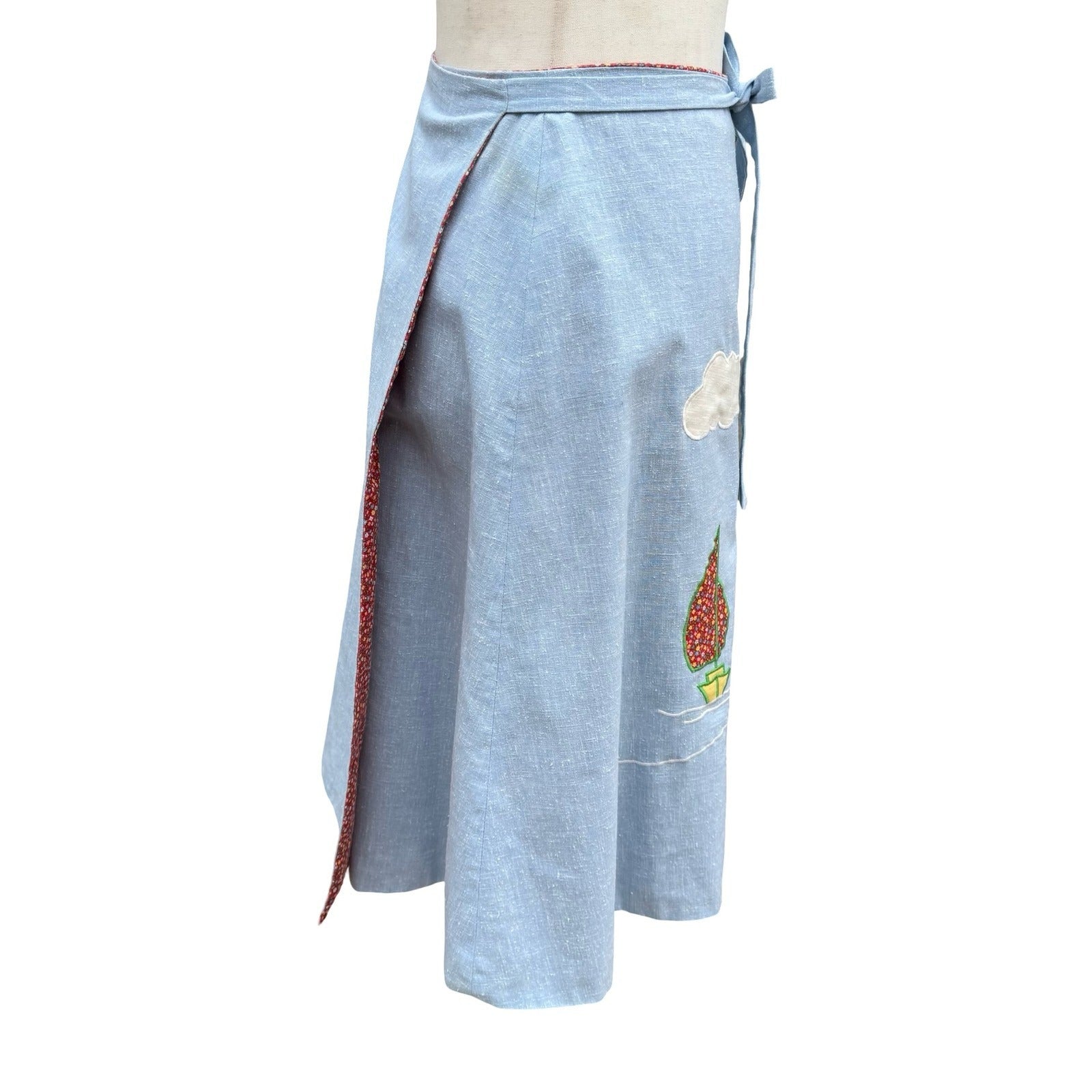 Katy-Did Casuals Vintage Tropical Applique Wrap Skirt Blue Floral Lined Midi