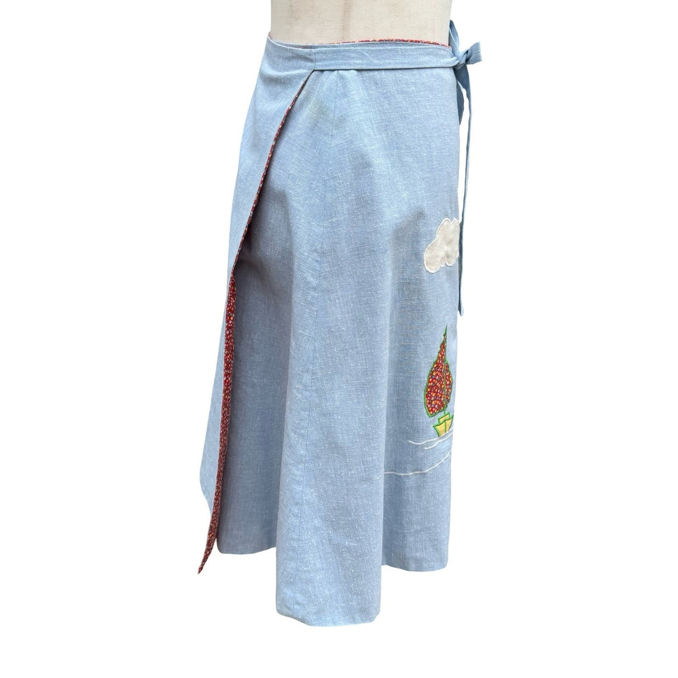 Katy-Did Casuals Vintage Tropical Applique Wrap Skirt Blue Floral Lined Midi