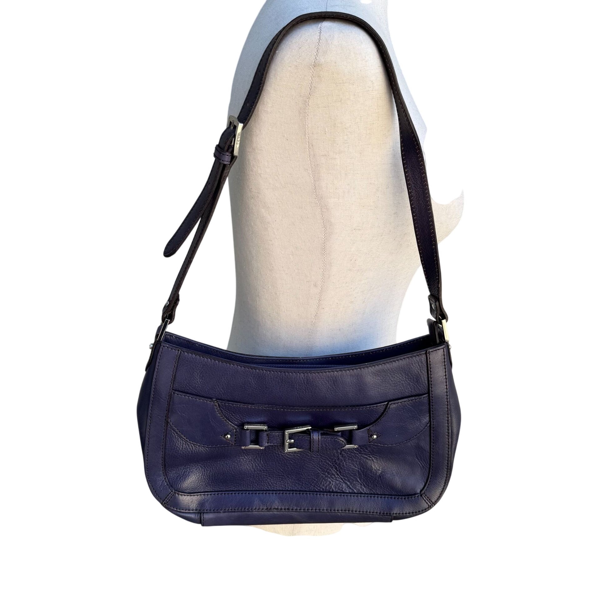 Etienne Aigner Navy Leather Buckle Detail Silver Hardware Shoulder Hobo Bag