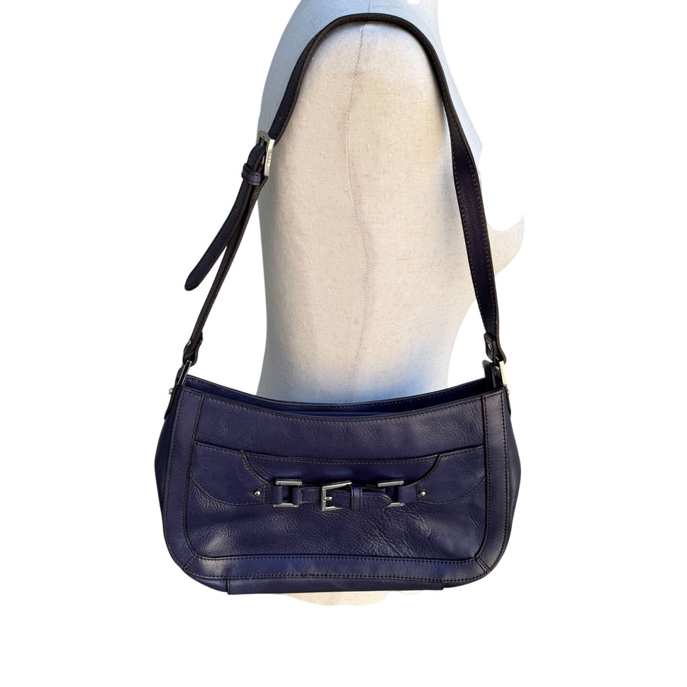 Etienne Aigner Navy Leather Buckle Detail Silver Hardware Shoulder Hobo Bag