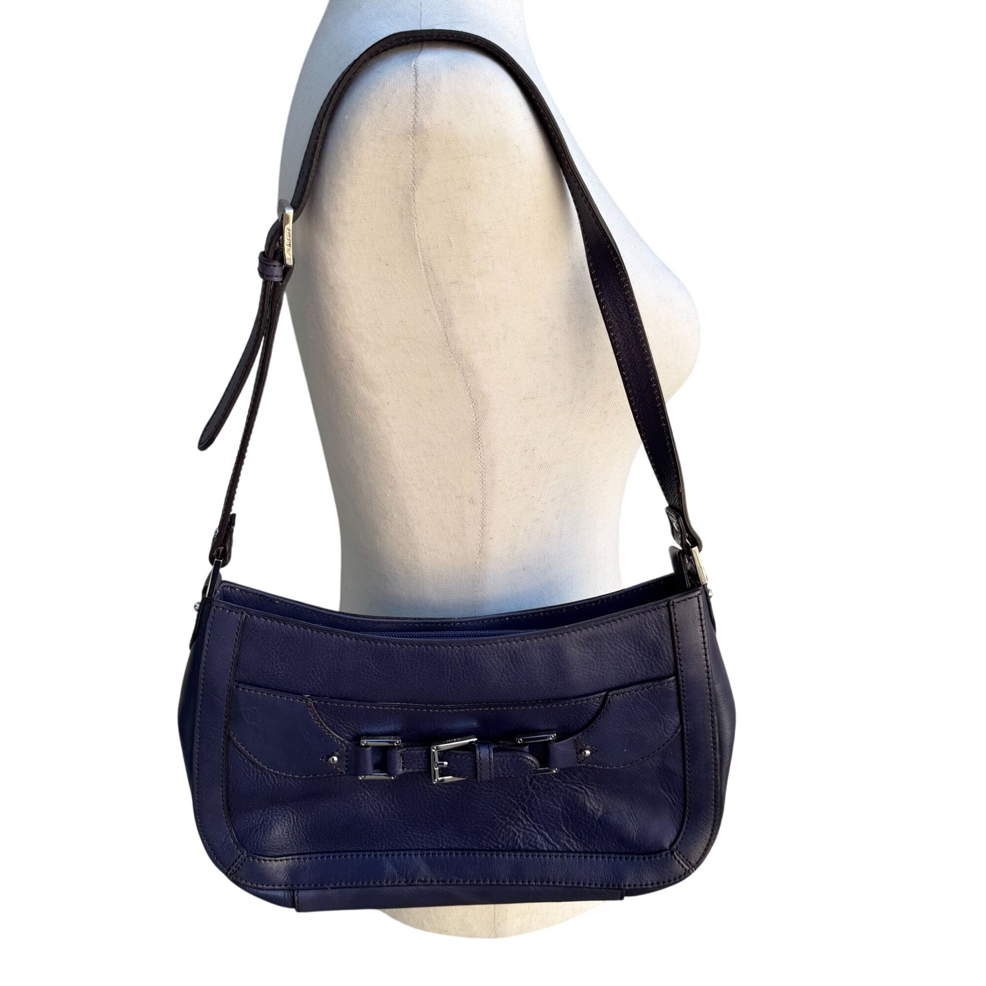 Etienne Aigner Navy Leather Buckle Detail Silver Hardware Shoulder Hobo Bag