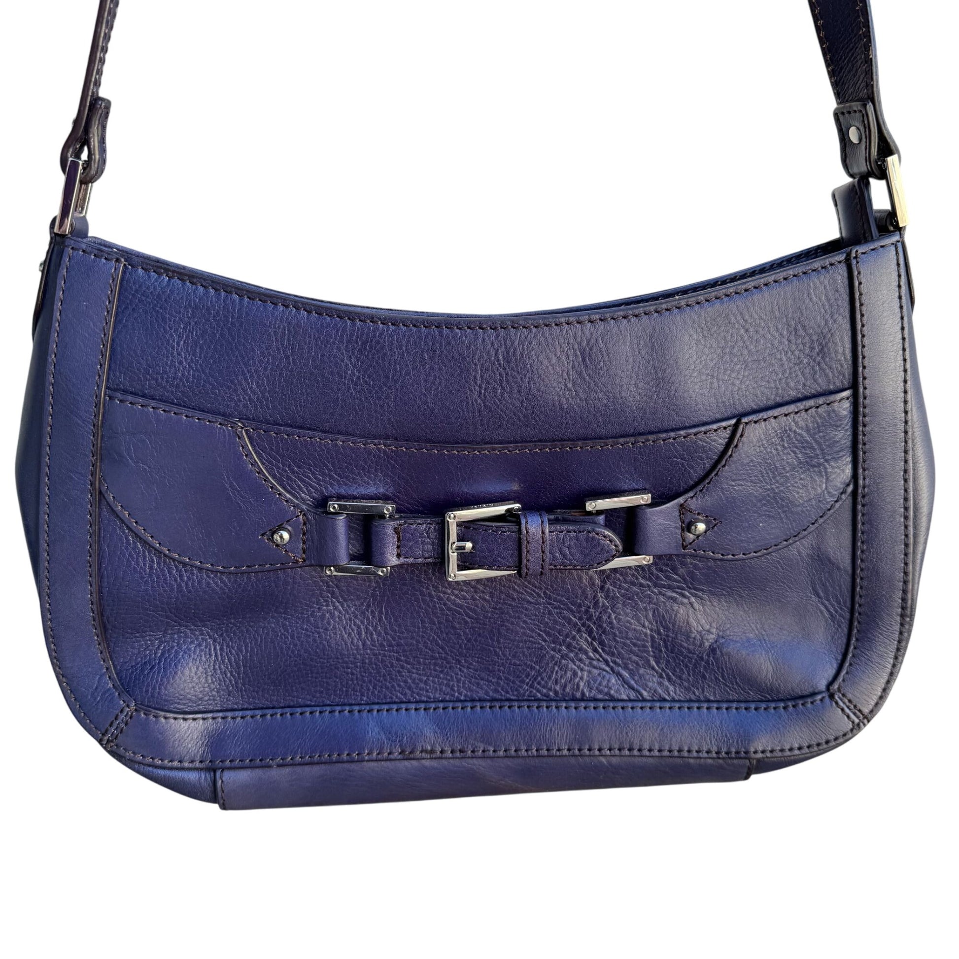 Etienne Aigner Navy Leather Buckle Detail Silver Hardware Shoulder Hobo Bag