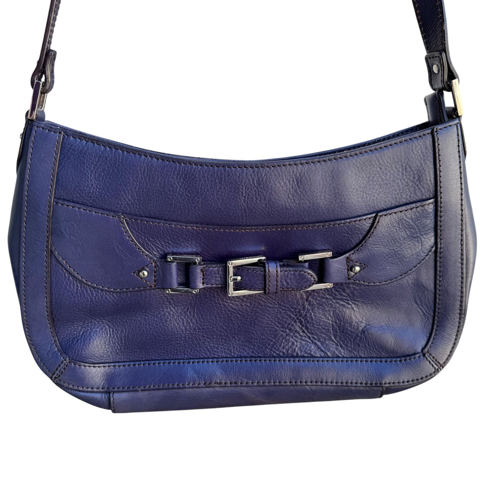 Etienne Aigner Navy Leather Buckle Detail Silver Hardware Shoulder Hobo Bag