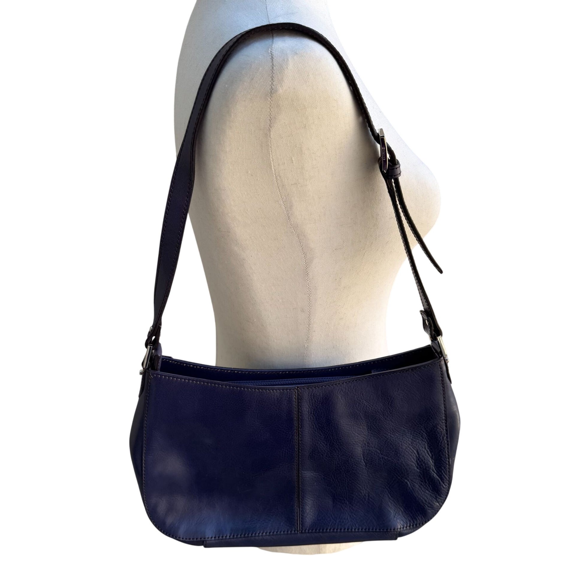 Etienne Aigner Navy Leather Buckle Detail Silver Hardware Shoulder Hobo Bag