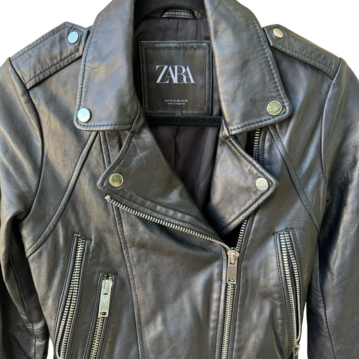 Zara Leather Biker Moto Rocker Streetwear Edgy Goth Grunge Sleek Jacket Black XS