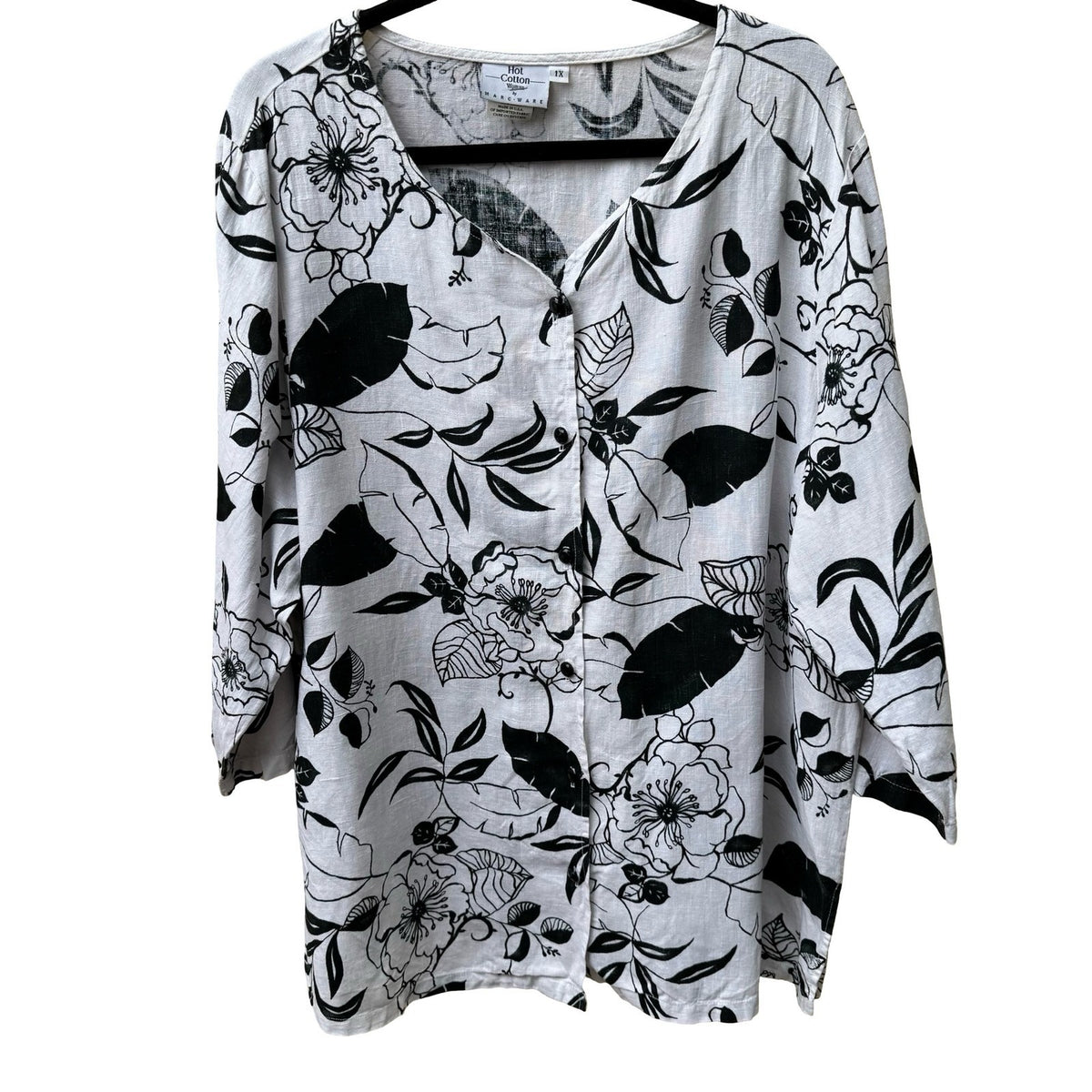 Hot Cotton Marc Ware Coastal Lagenlook Minimalist Linen Floral Tunic Blouse 1X