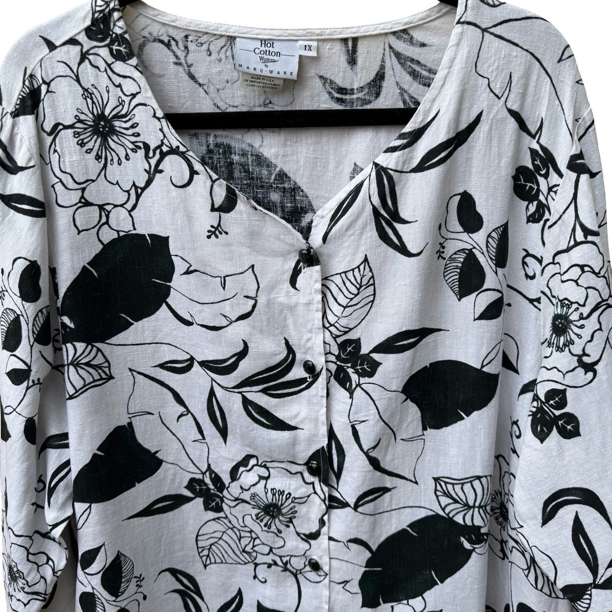 Hot Cotton Marc Ware Coastal Lagenlook Minimalist Linen Floral Tunic Blouse 1X