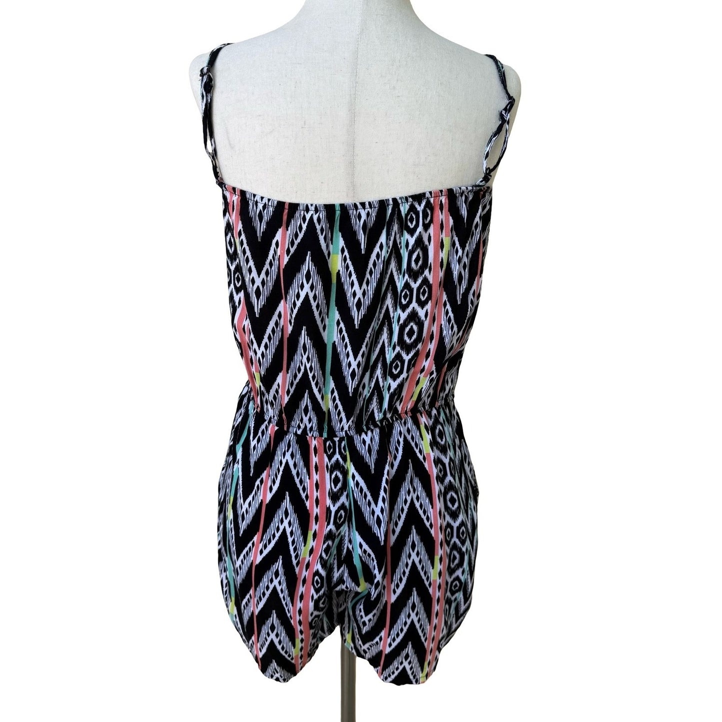 Helix Y2K Boho Festival Ikat Geometric Romper Summer Beach Black Pink Womens S/M