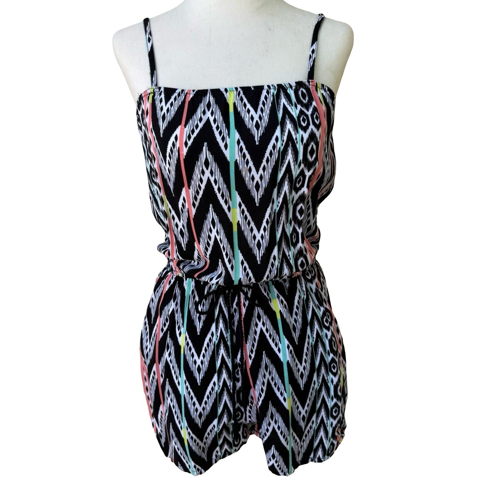 Helix Y2K Boho Festival Ikat Geometric Romper Summer Beach Black Pink Womens S/M