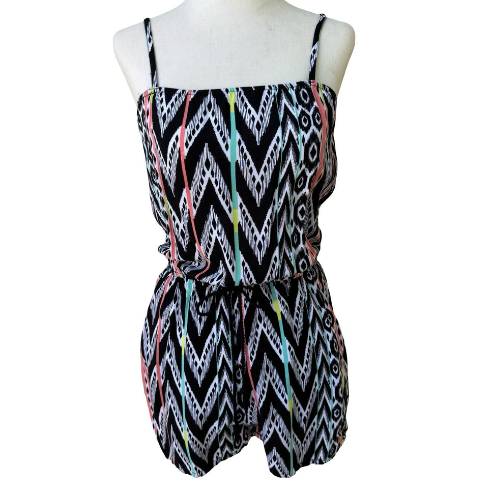 Helix Y2K Boho Festival Ikat Geometric Romper Summer Beach Black Pink Womens S/M