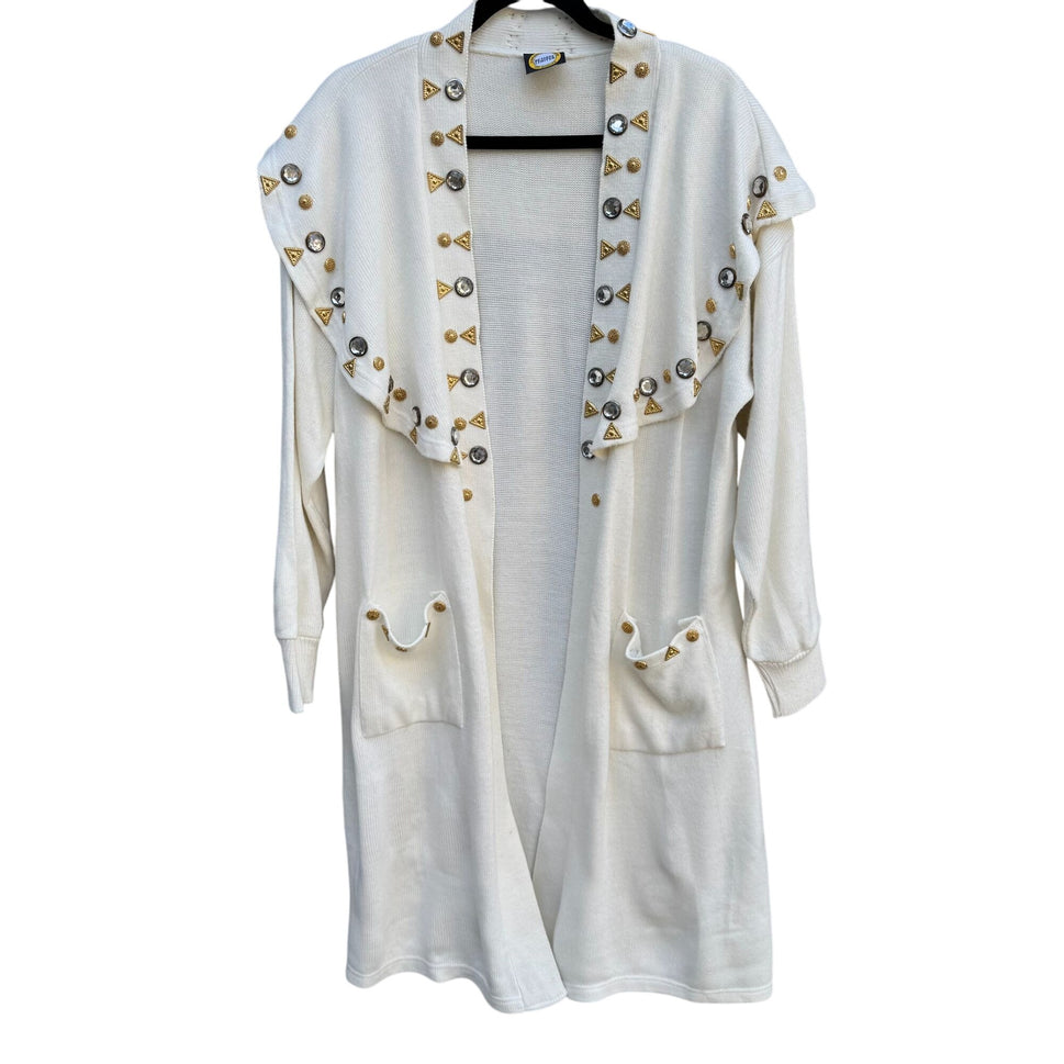 Designs Limited Vintage Womens Shawl Collar Gold Silver Embellished Knit Cardigan