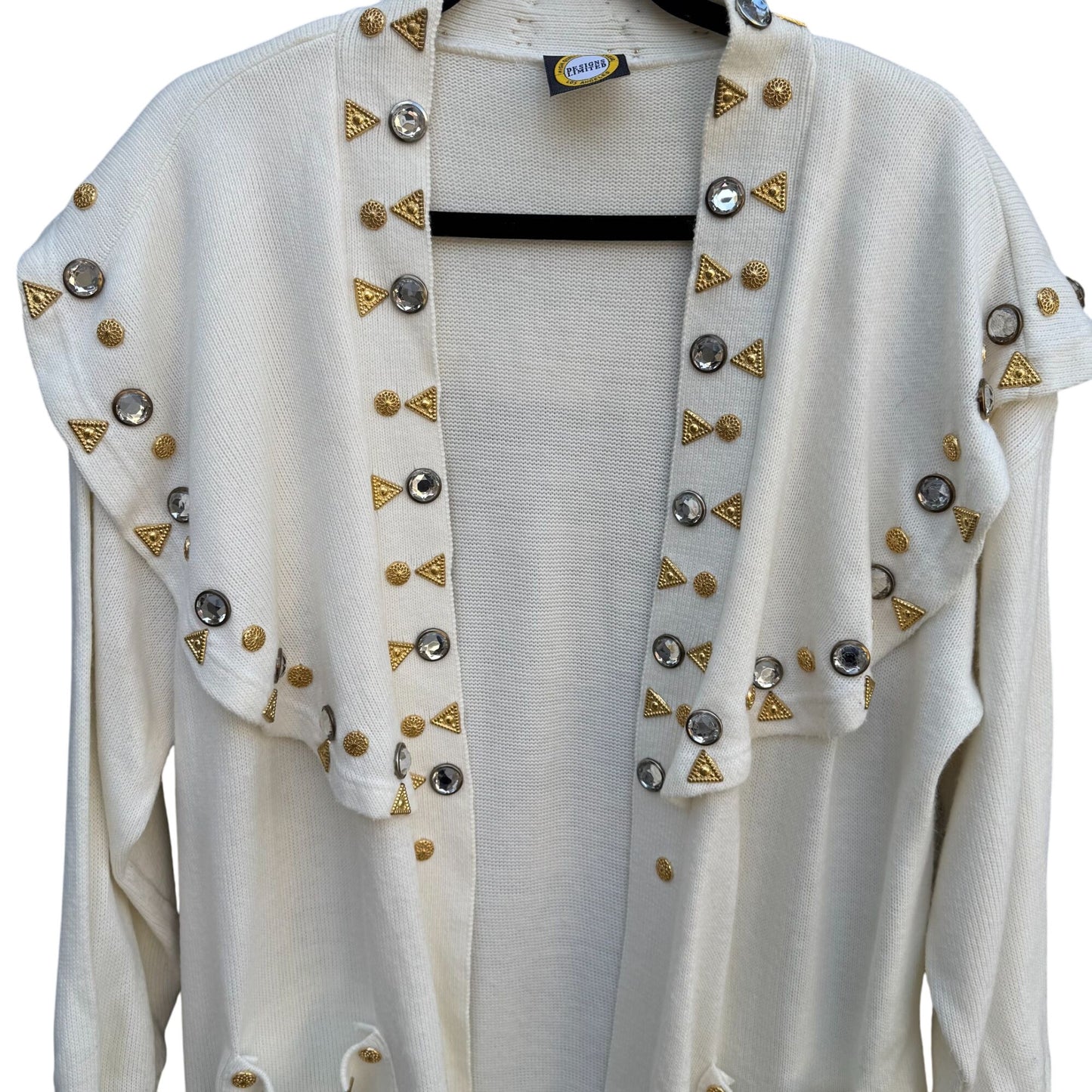 Designs Limited Vintage Womens Shawl Collar Gold Silver Embellished Knit Cardigan