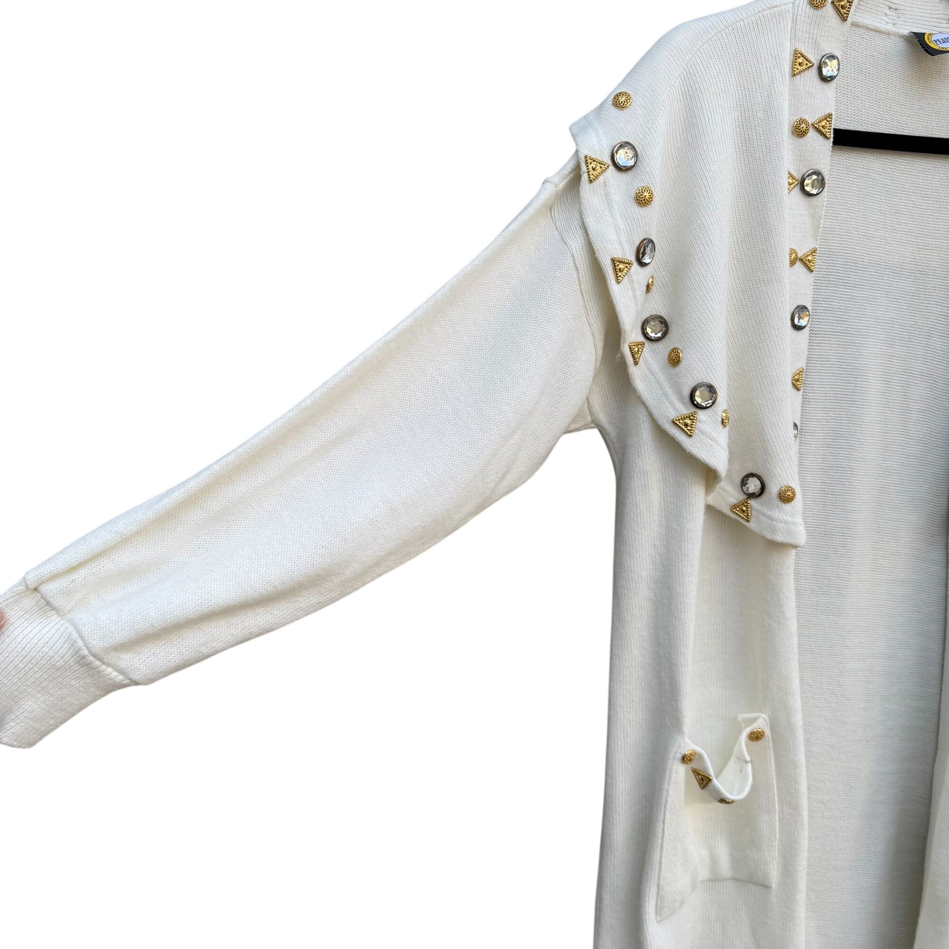 Designs Limited Vintage Womens Shawl Collar Gold Silver Embellished Knit Cardigan