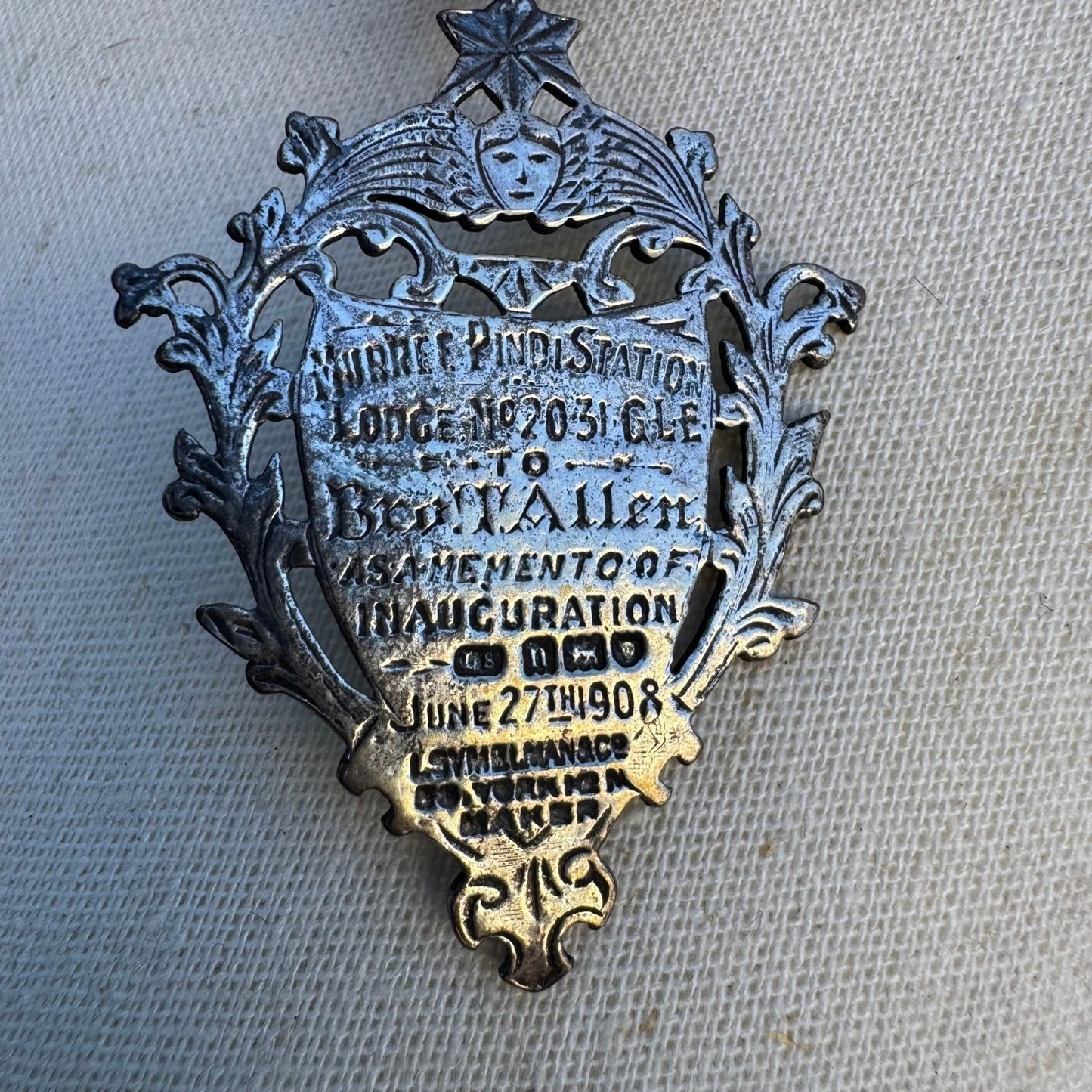 Antique 1908 Masonic Sterling Silver Medal Murree Pindi Station Lodge 2031 GLE