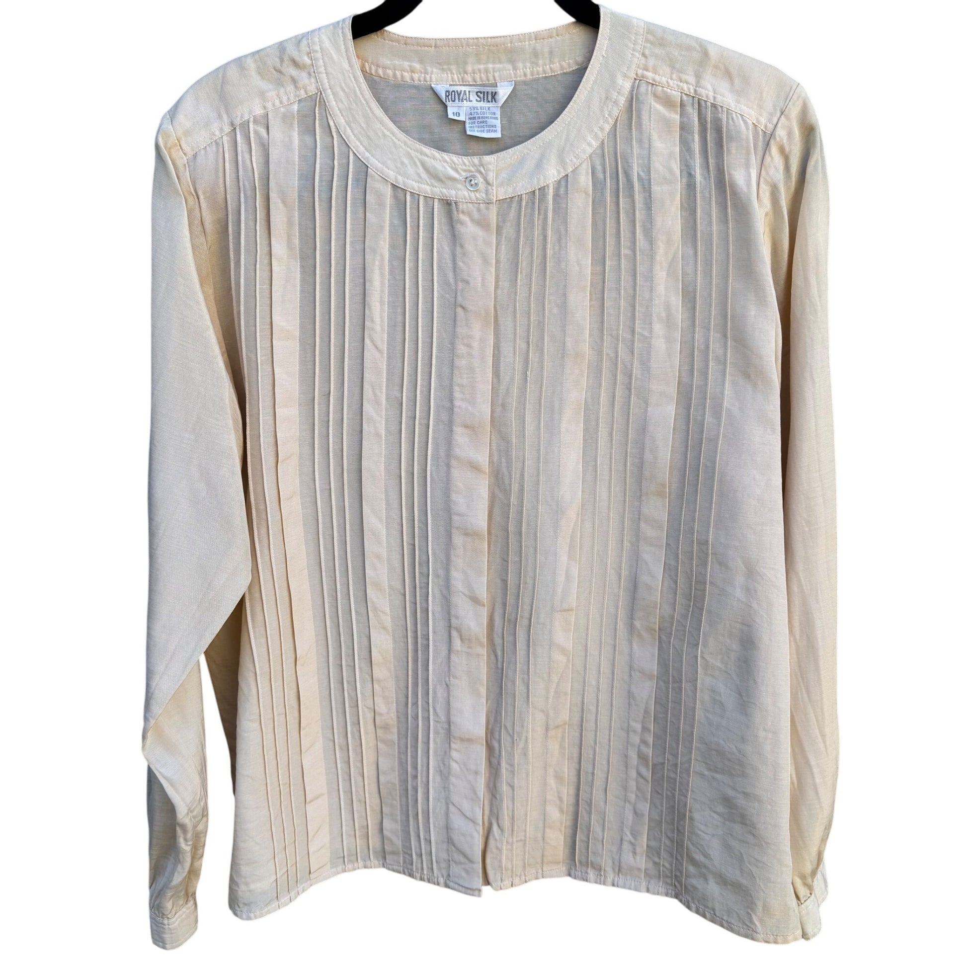 Royal Silk Vintage Silk Cotton Blend Womens Ivory Pleated Long Sleeve Blouse 10