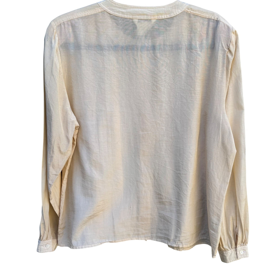 Royal Silk Vintage Silk Cotton Blend Womens Ivory Pleated Long Sleeve Blouse 10