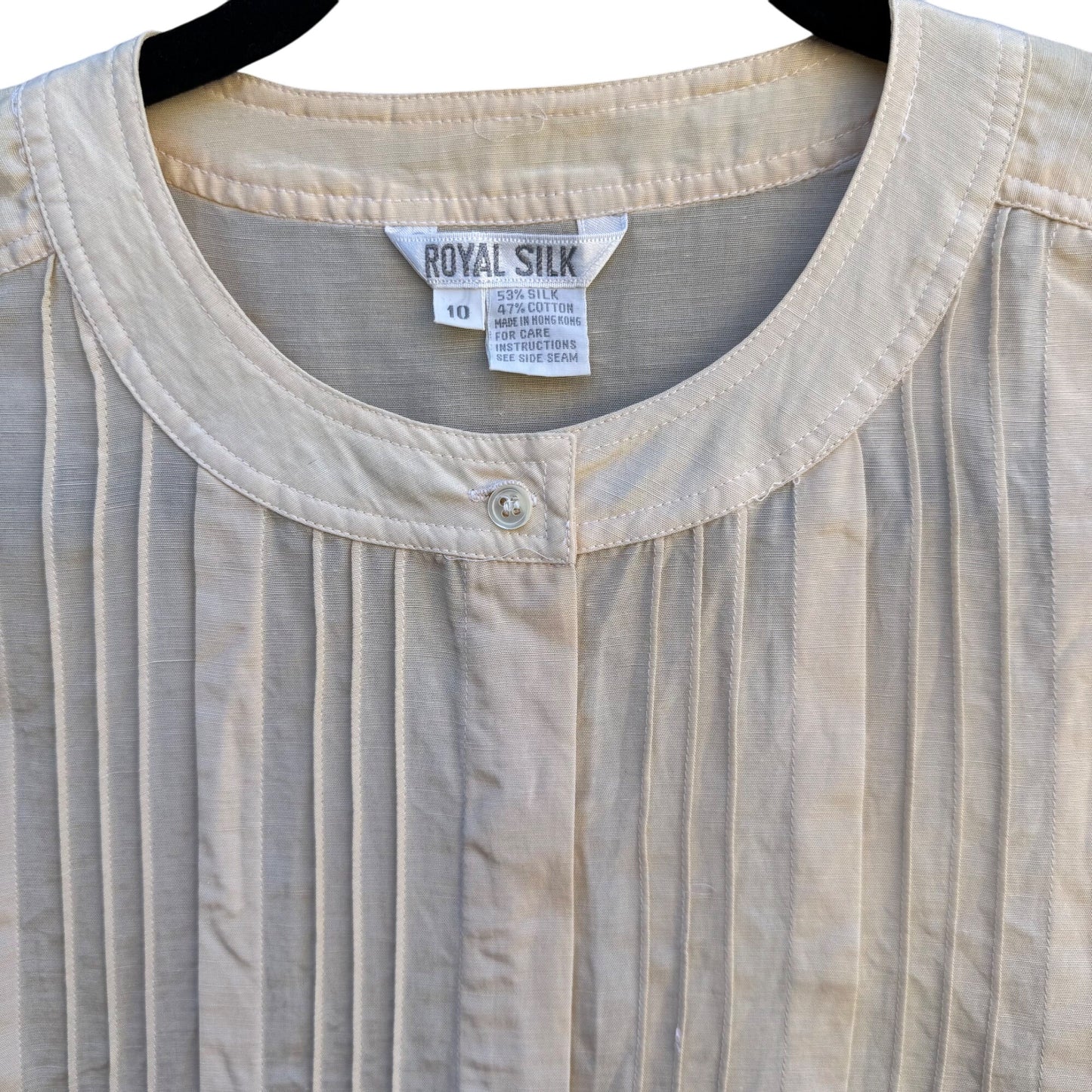 Royal Silk Vintage Silk Cotton Blend Womens Ivory Pleated Long Sleeve Blouse 10