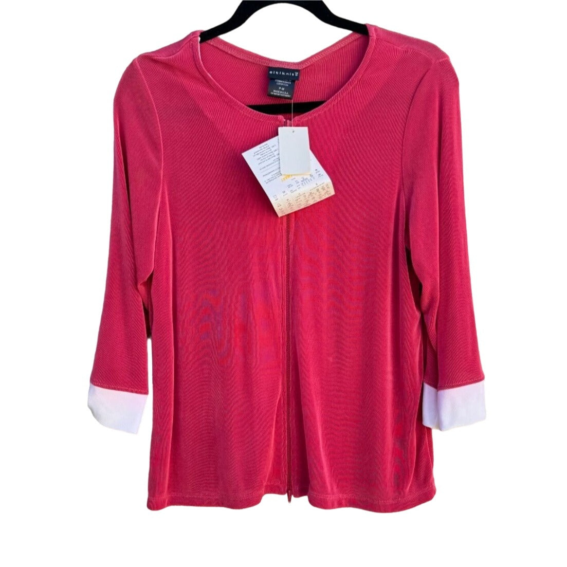 Citiknits QVC Pink Slinky Stretch Zip Front Women's Contrast Cuff Shirt Blouse