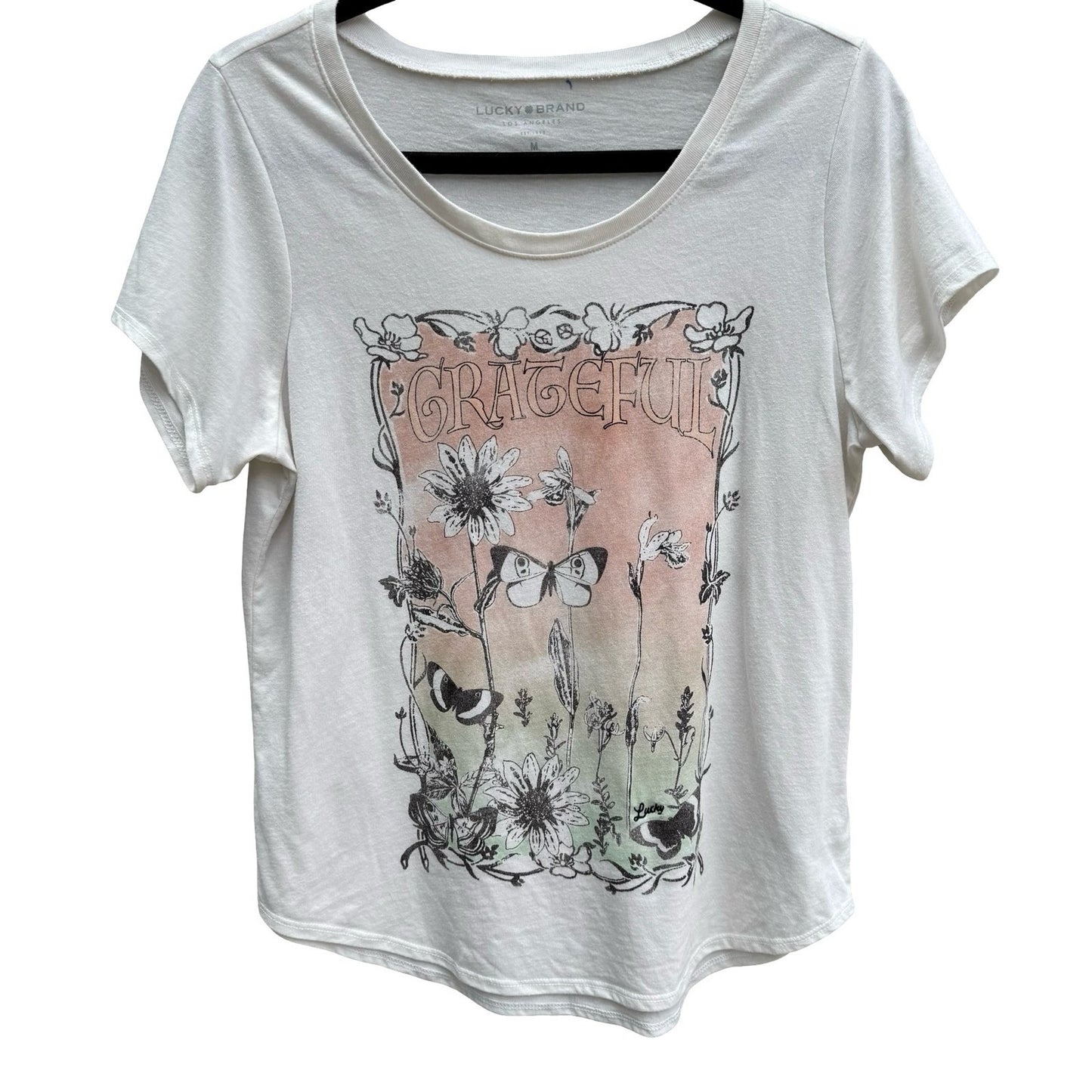 Lucky Brand Grateful Graphic Tee Cream Floral Butterfly Scoop Neck M Boho Hippie