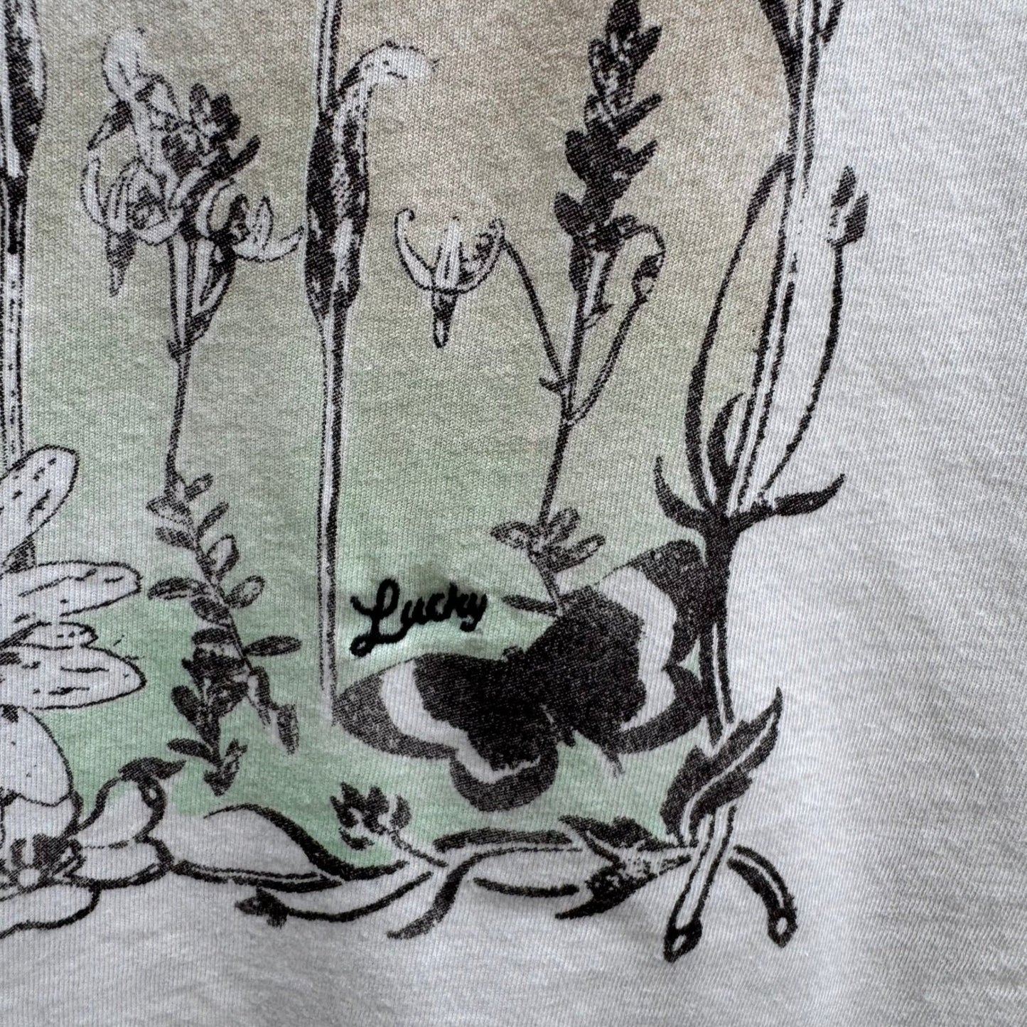Lucky Brand Grateful Graphic Tee Cream Floral Butterfly Scoop Neck M Boho Hippie