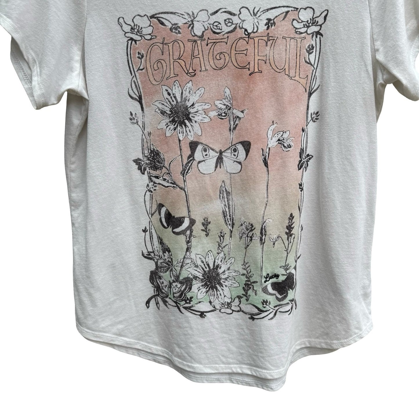Lucky Brand Grateful Graphic Tee Cream Floral Butterfly Scoop Neck M Boho Hippie