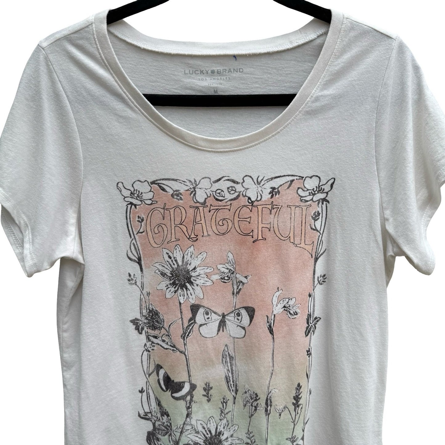 Lucky Brand Grateful Graphic Tee Cream Floral Butterfly Scoop Neck M Boho Hippie