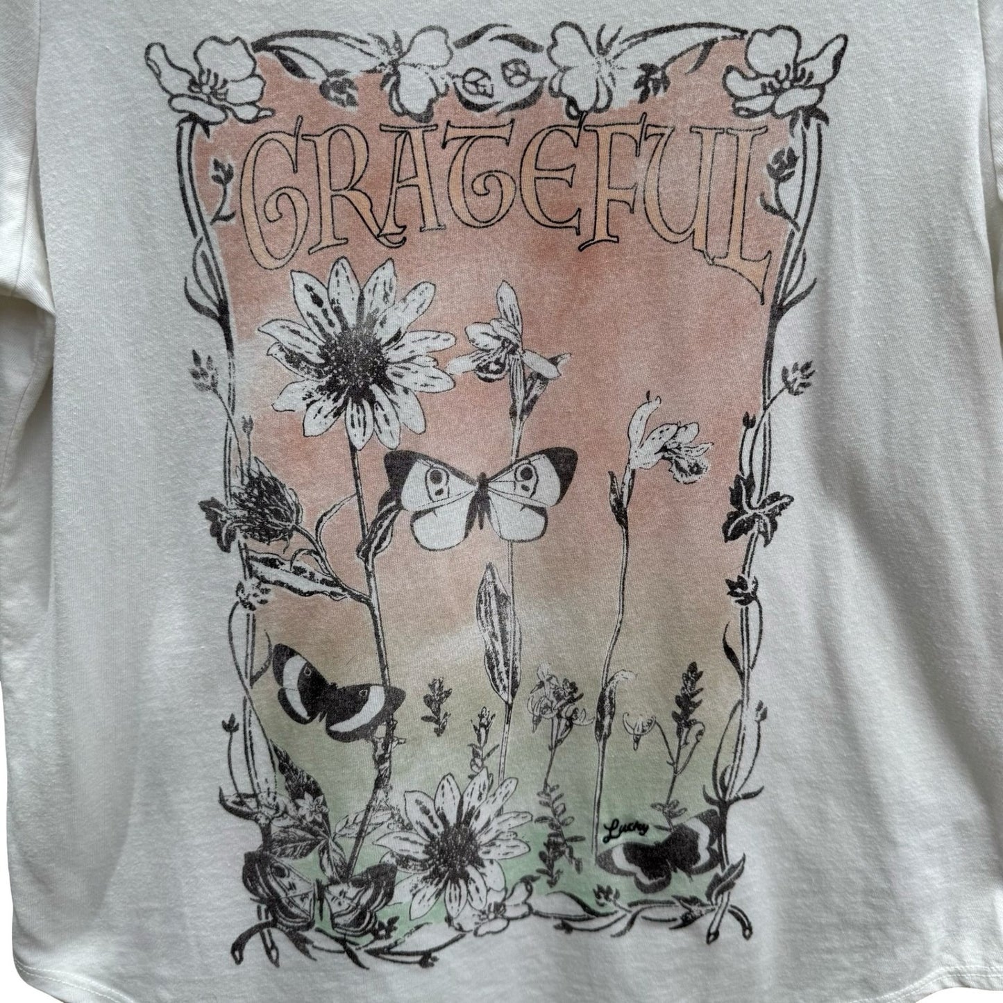 Lucky Brand Grateful Graphic Tee Cream Floral Butterfly Scoop Neck M Boho Hippie