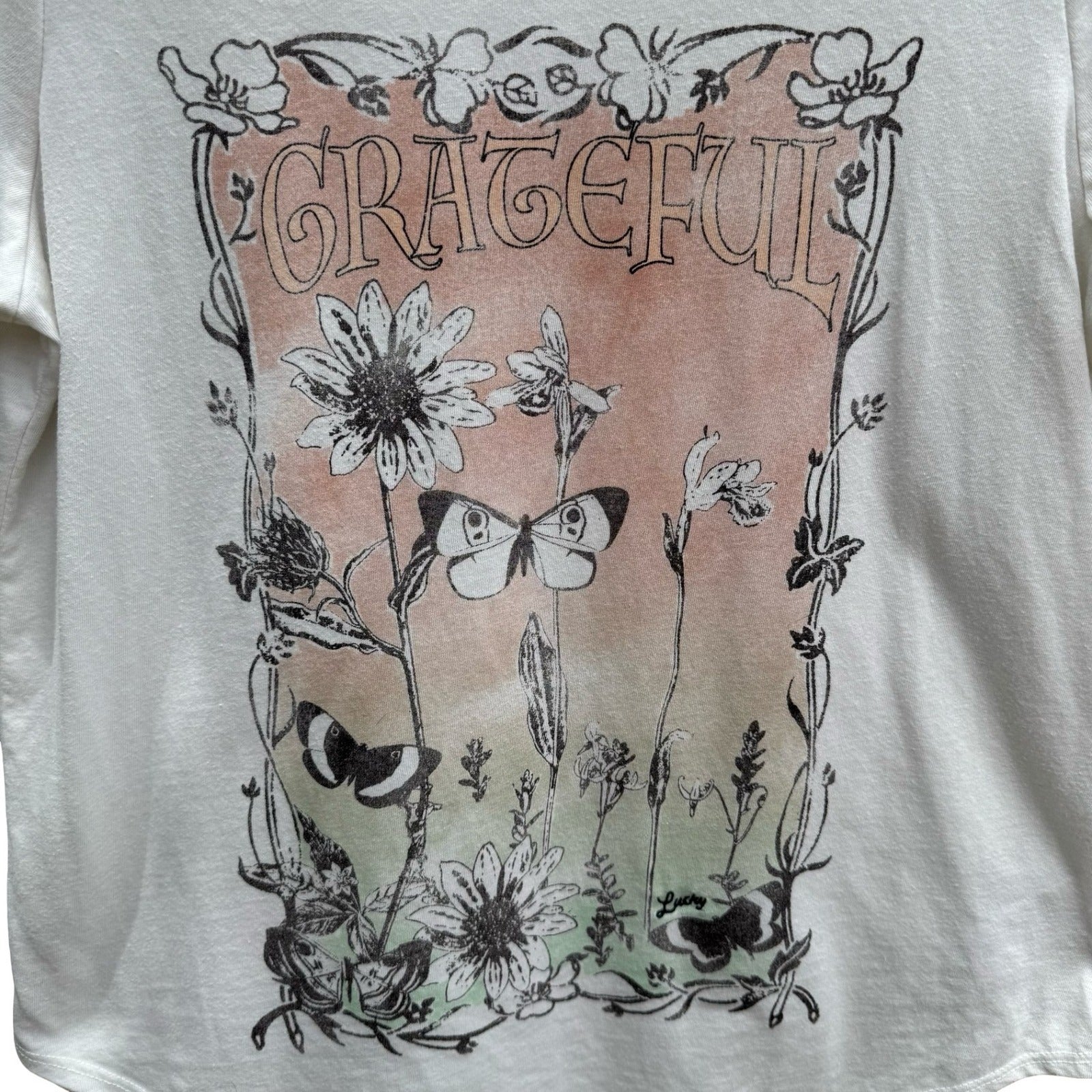 Lucky Brand Grateful Graphic Tee Cream Floral Butterfly Scoop Neck M Boho Hippie