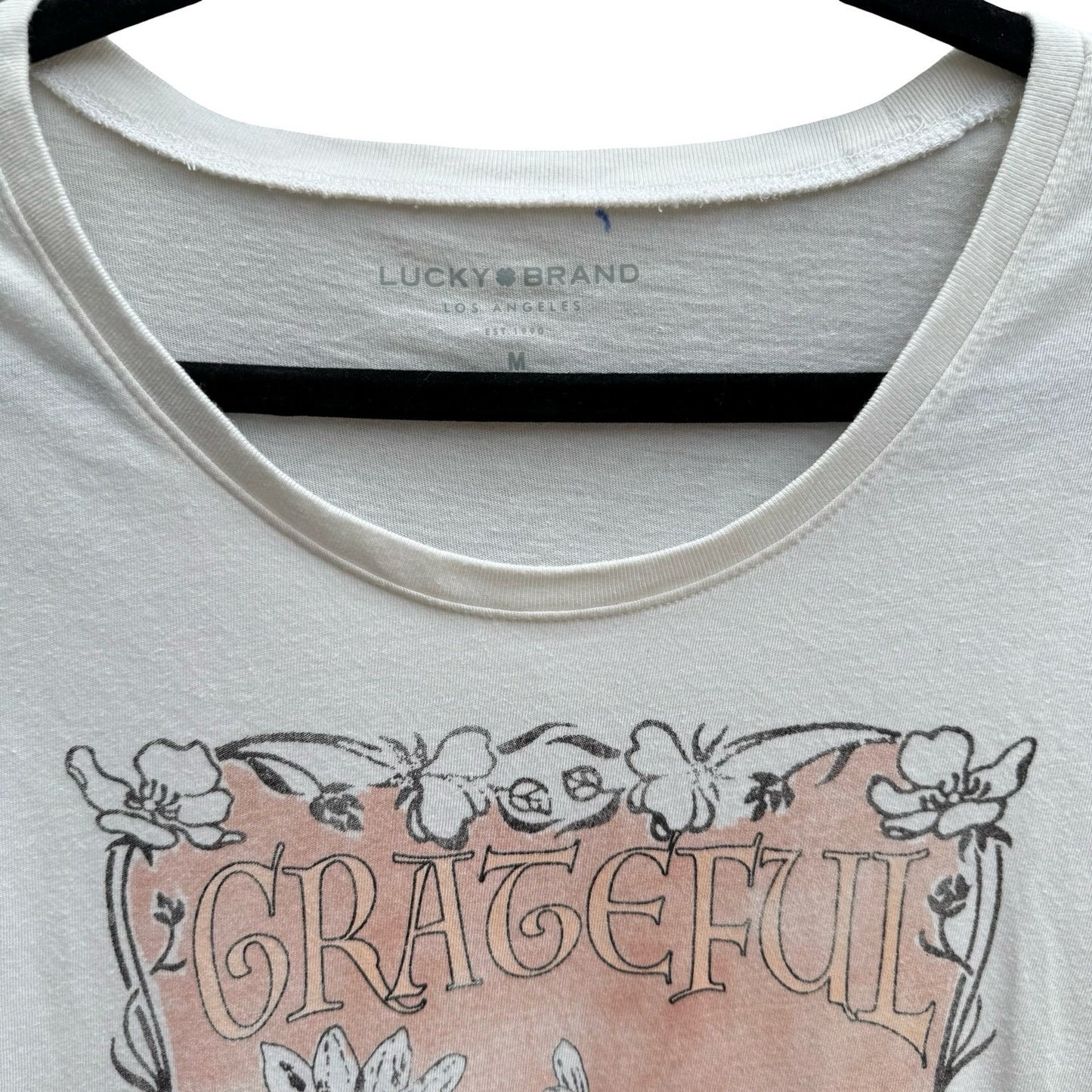 Lucky Brand Grateful Graphic Tee Cream Floral Butterfly Scoop Neck M Boho Hippie