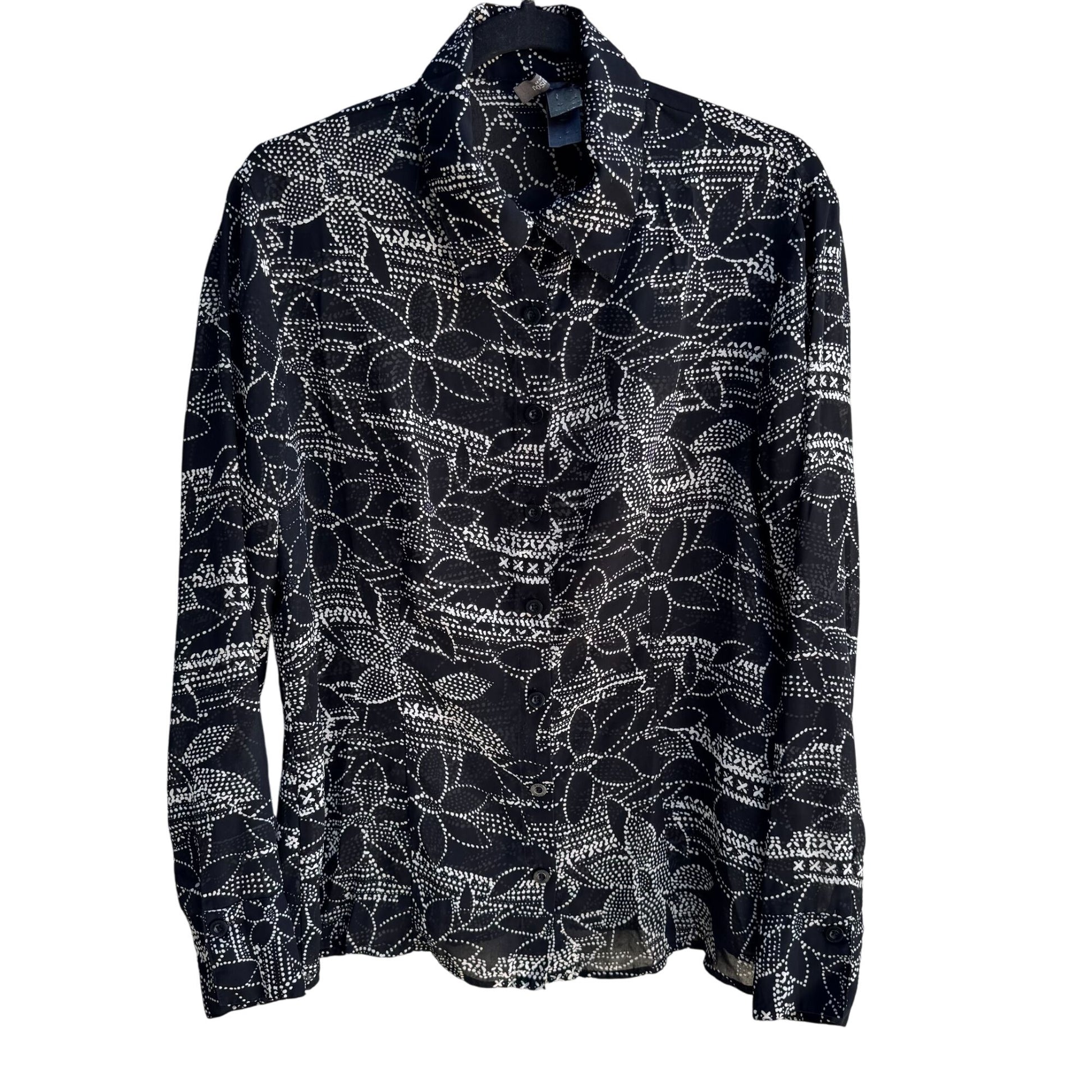 Bisou Bisou Michele Bohbot Vintage Y2K Semi Sheer Black Floral Polka Dot Blouse M