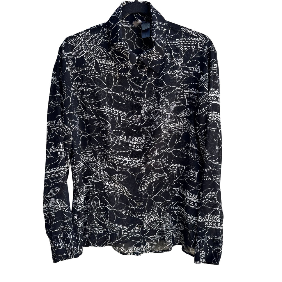 Bisou Bisou Michele Bohbot Vintage Y2K Semi Sheer Black Floral Polka Dot Blouse M