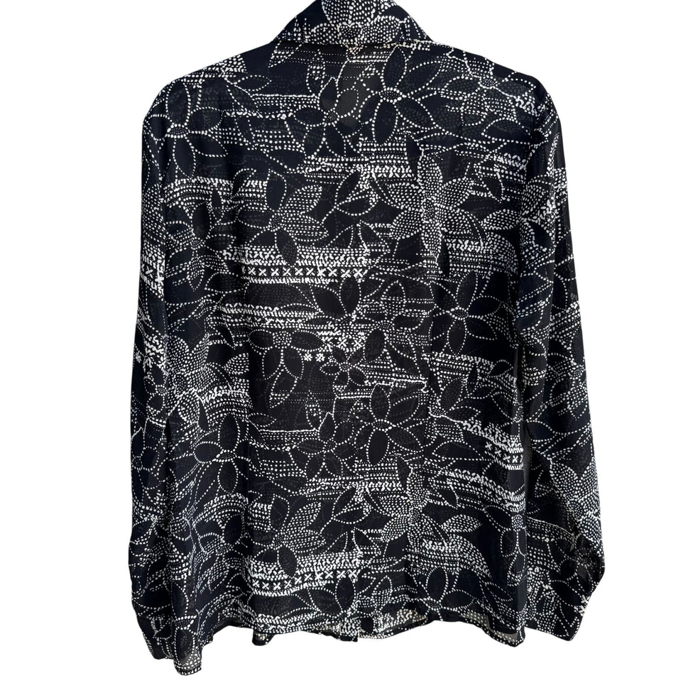 Bisou Bisou Michele Bohbot Vintage Y2K Semi Sheer Black Floral Polka Dot Blouse M