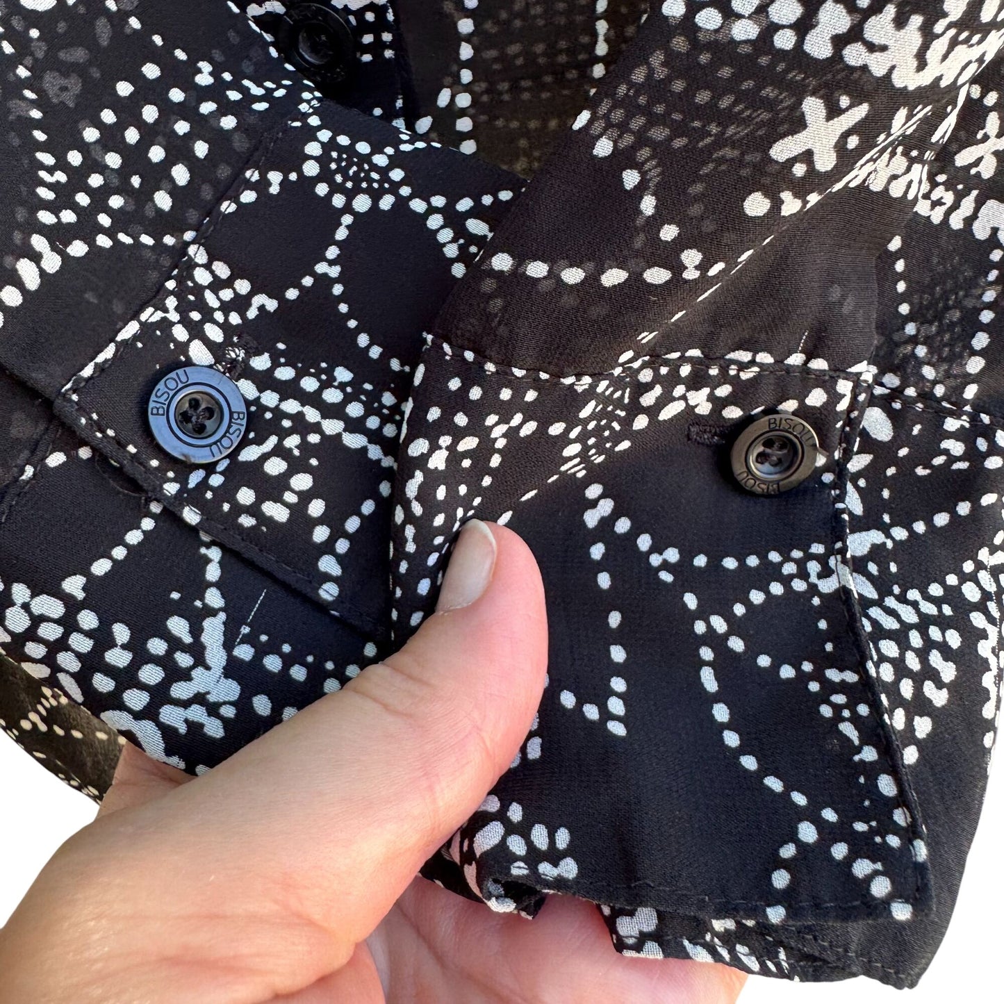 Bisou Bisou Michele Bohbot Vintage Y2K Semi Sheer Black Floral Polka Dot Blouse M