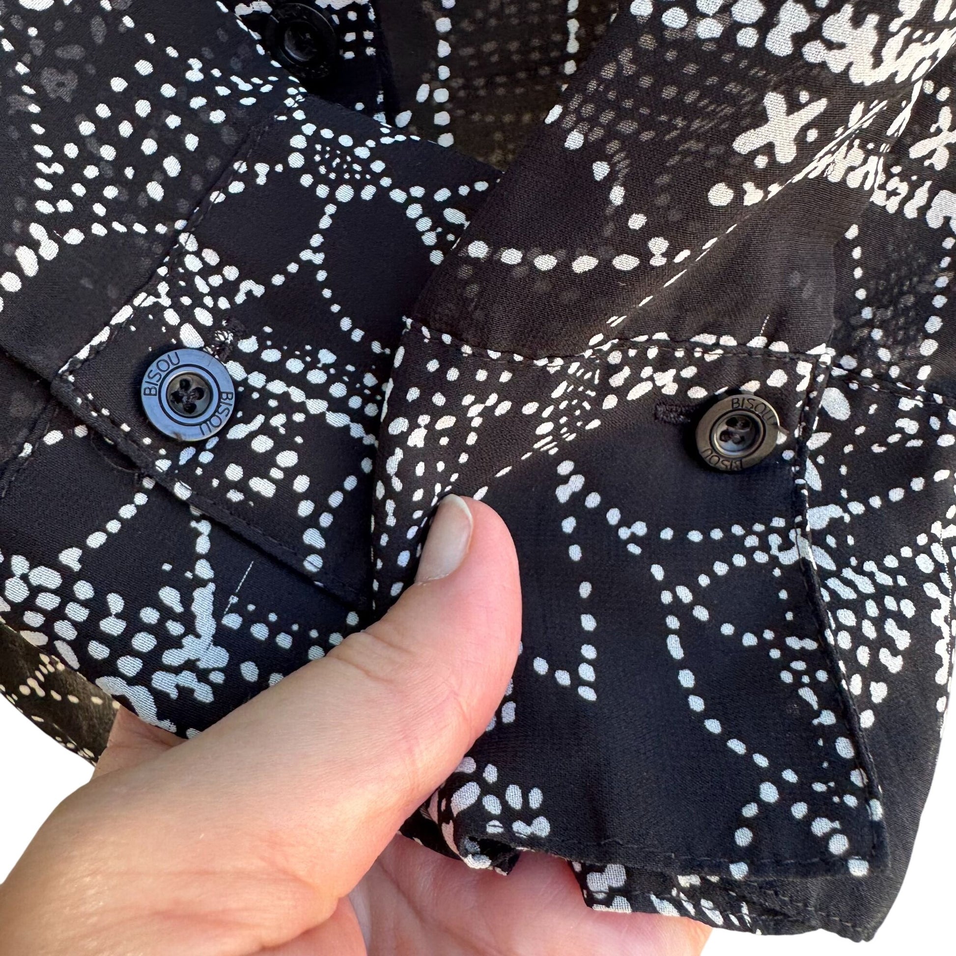 Bisou Bisou Michele Bohbot Vintage Y2K Semi Sheer Black Floral Polka Dot Blouse M