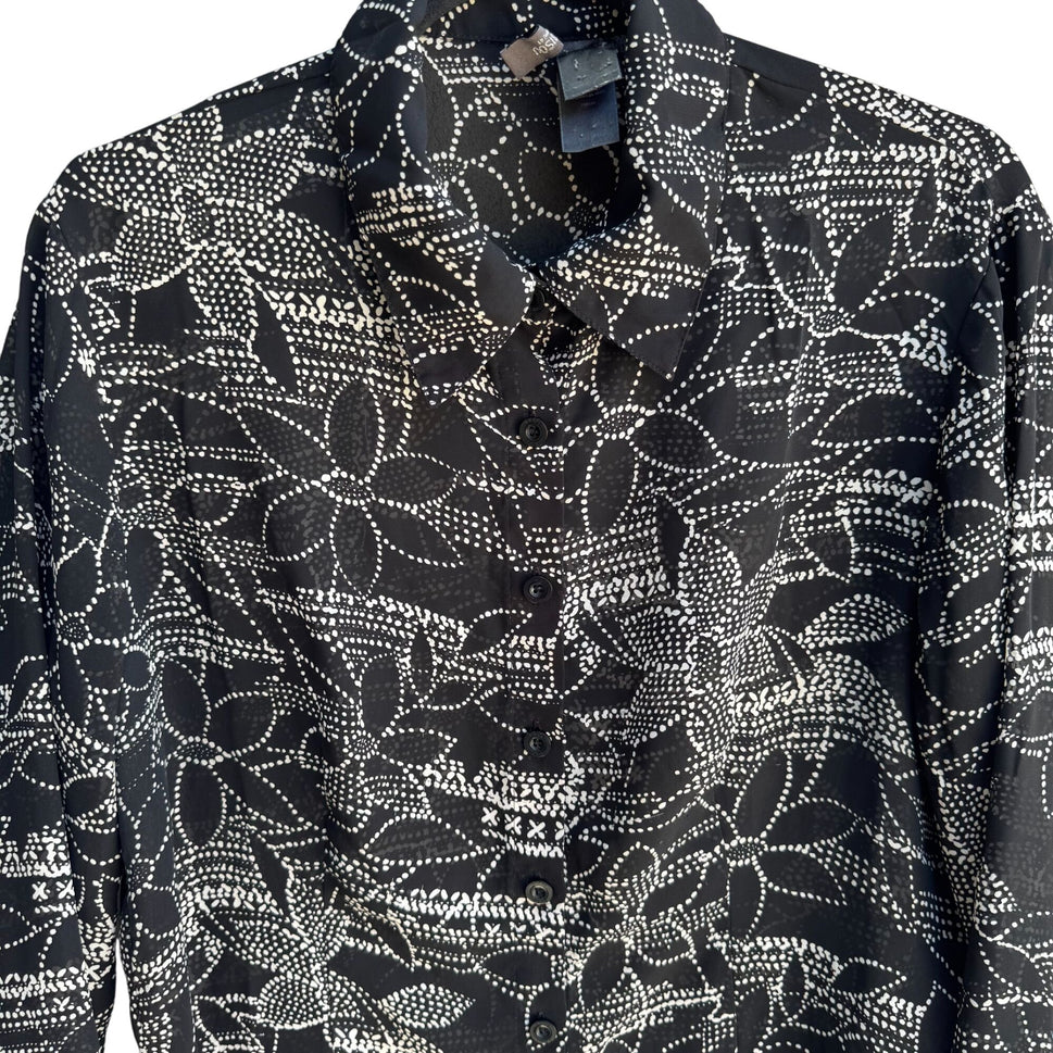 Bisou Bisou Michele Bohbot Vintage Y2K Semi Sheer Black Floral Polka Dot Blouse M