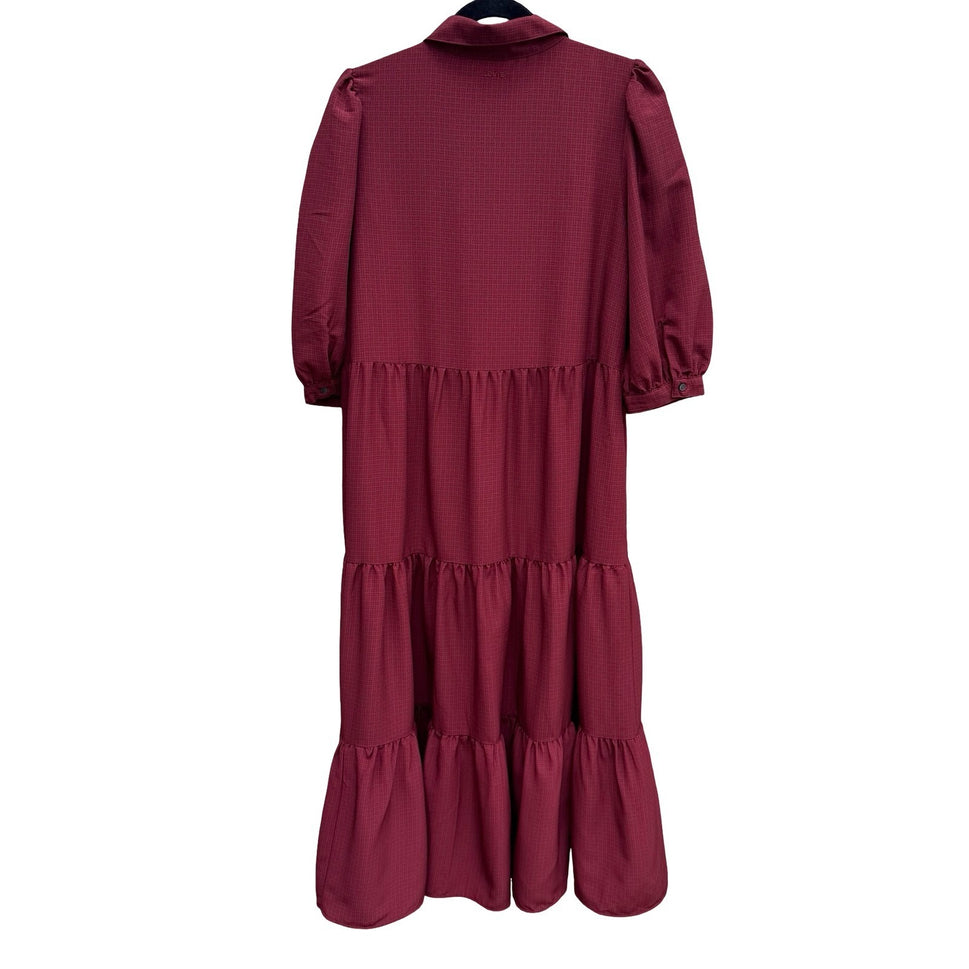 Levis Darla Womens Red Tiered Maxi Shirtdress Puff Sleeve Western Boho Prairie L