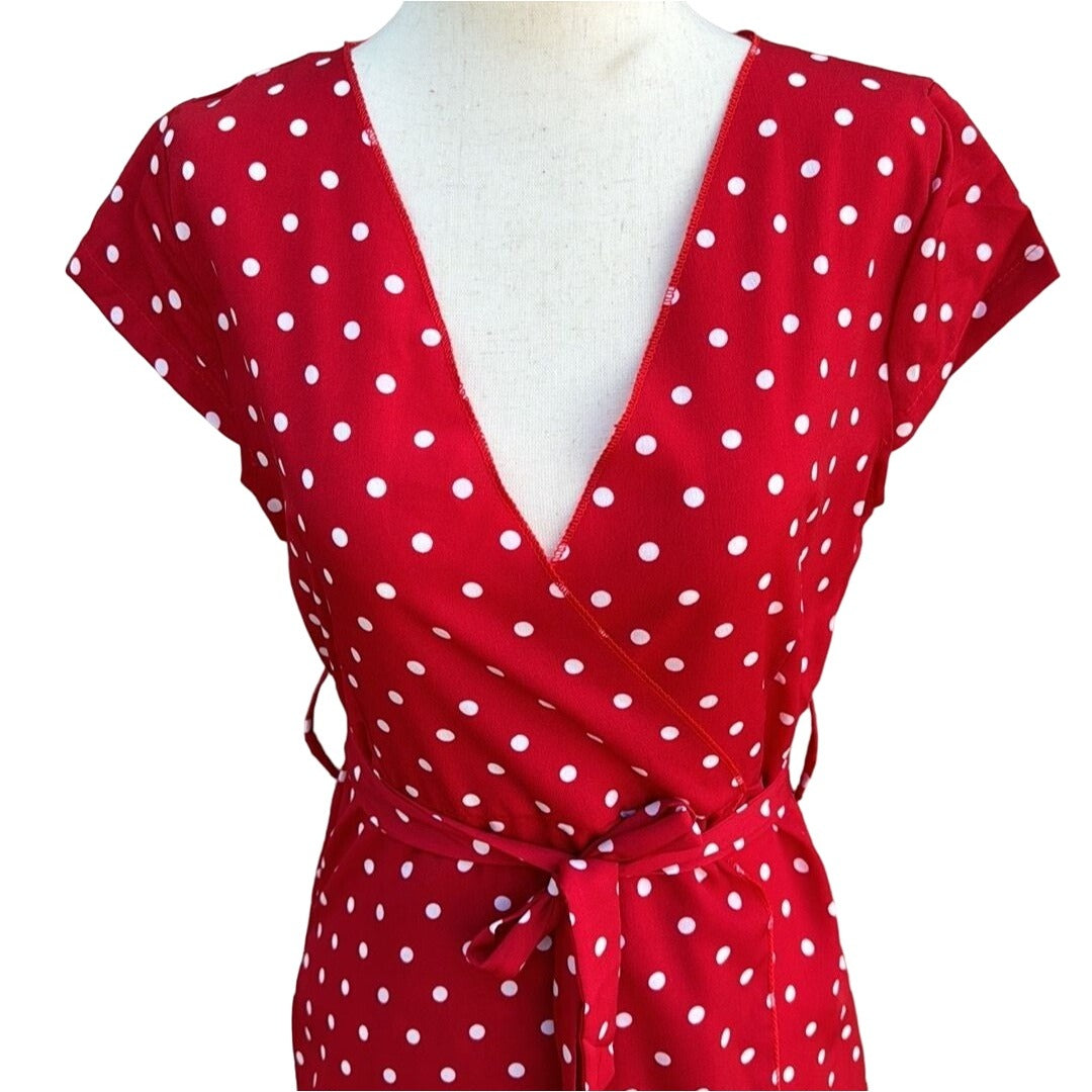 Vintage Inspired Red White Polka Dot V-Neck Cap Sleeves Tie Waist Tulip Dress