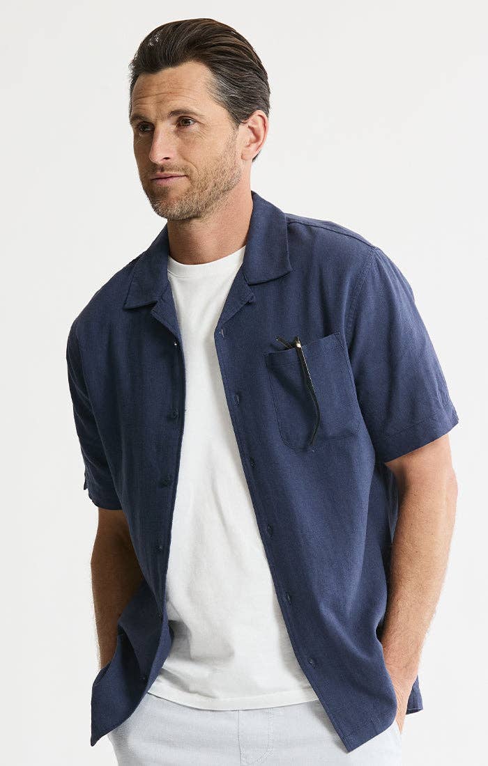 Linen Blend Short Sleeve Camp Shirt: STONE / M
