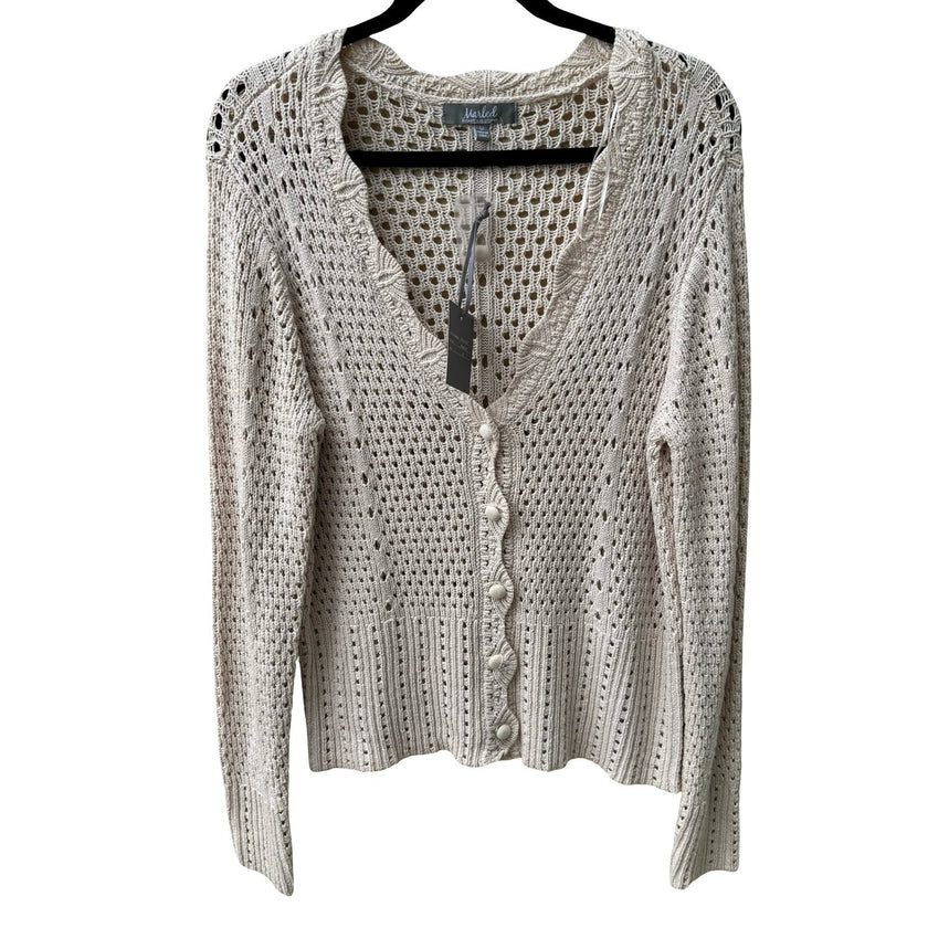 Marled Coastal Boho Cottagecore Chic Pointelle Crochet Knit Cardigan Beige M NEW