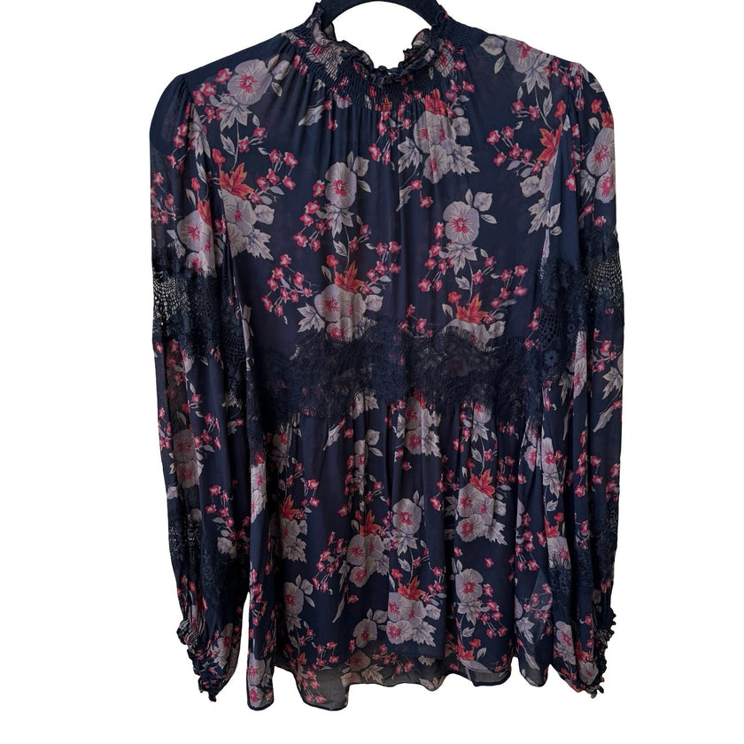 Zara Woman Boho Dark Floral Sheer Lace Smocked High Neck Balloon Sleeve Blouse
