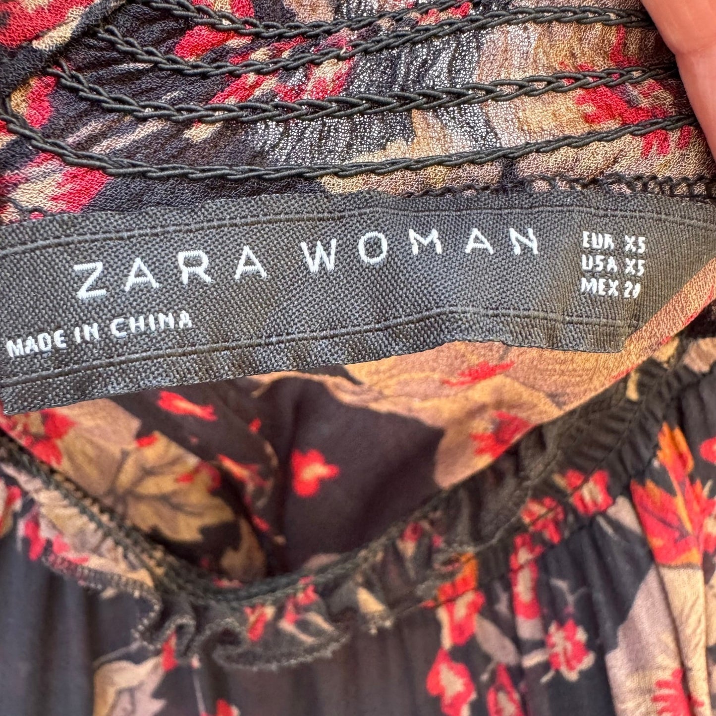 Zara Woman Boho Dark Floral Sheer Lace Smocked High Neck Balloon Sleeve Blouse