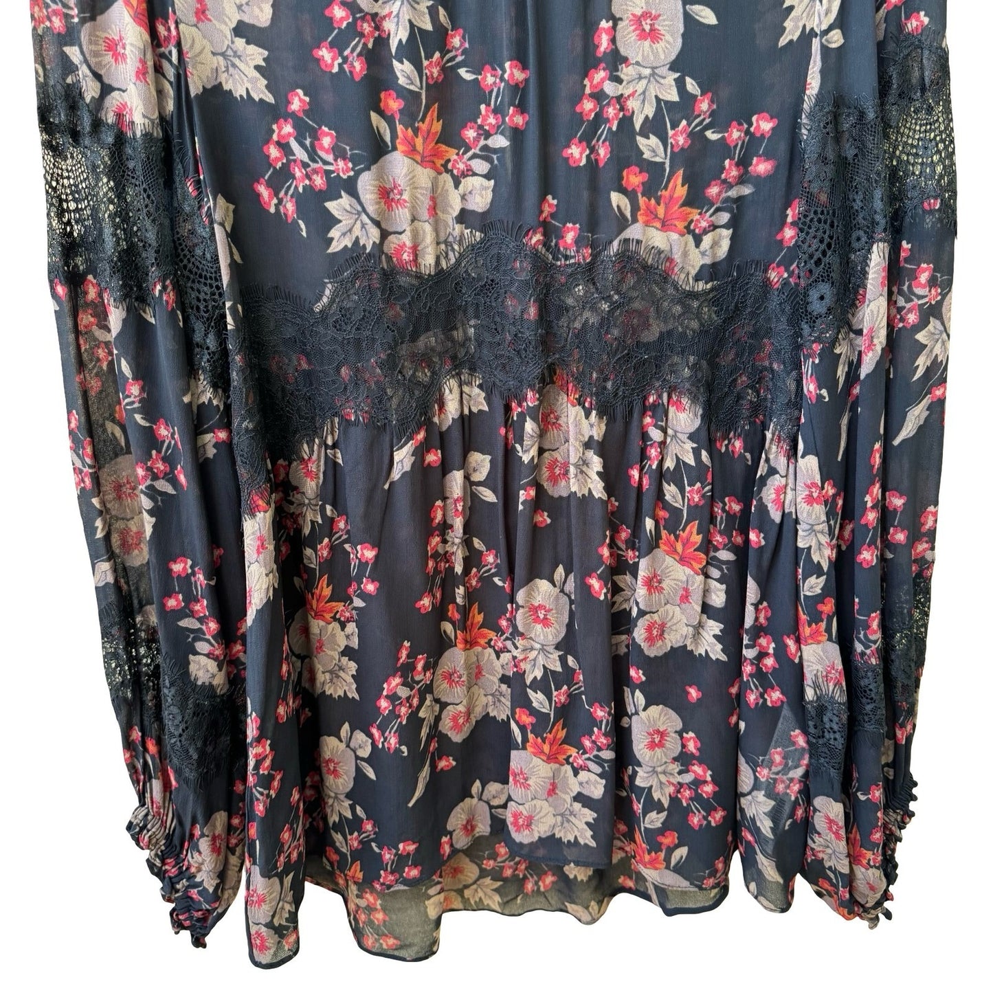 Zara Woman Boho Dark Floral Sheer Lace Smocked High Neck Balloon Sleeve Blouse