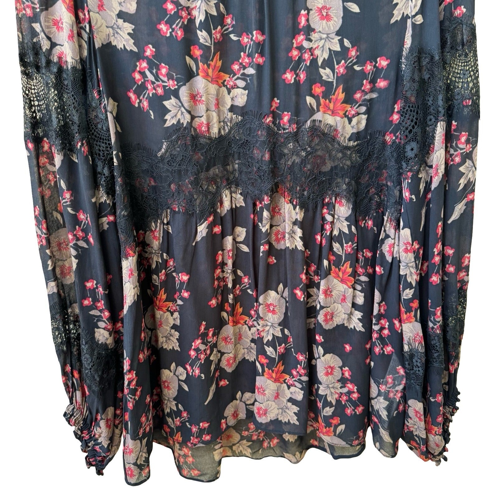 Zara Woman Boho Dark Floral Sheer Lace Smocked High Neck Balloon Sleeve Blouse