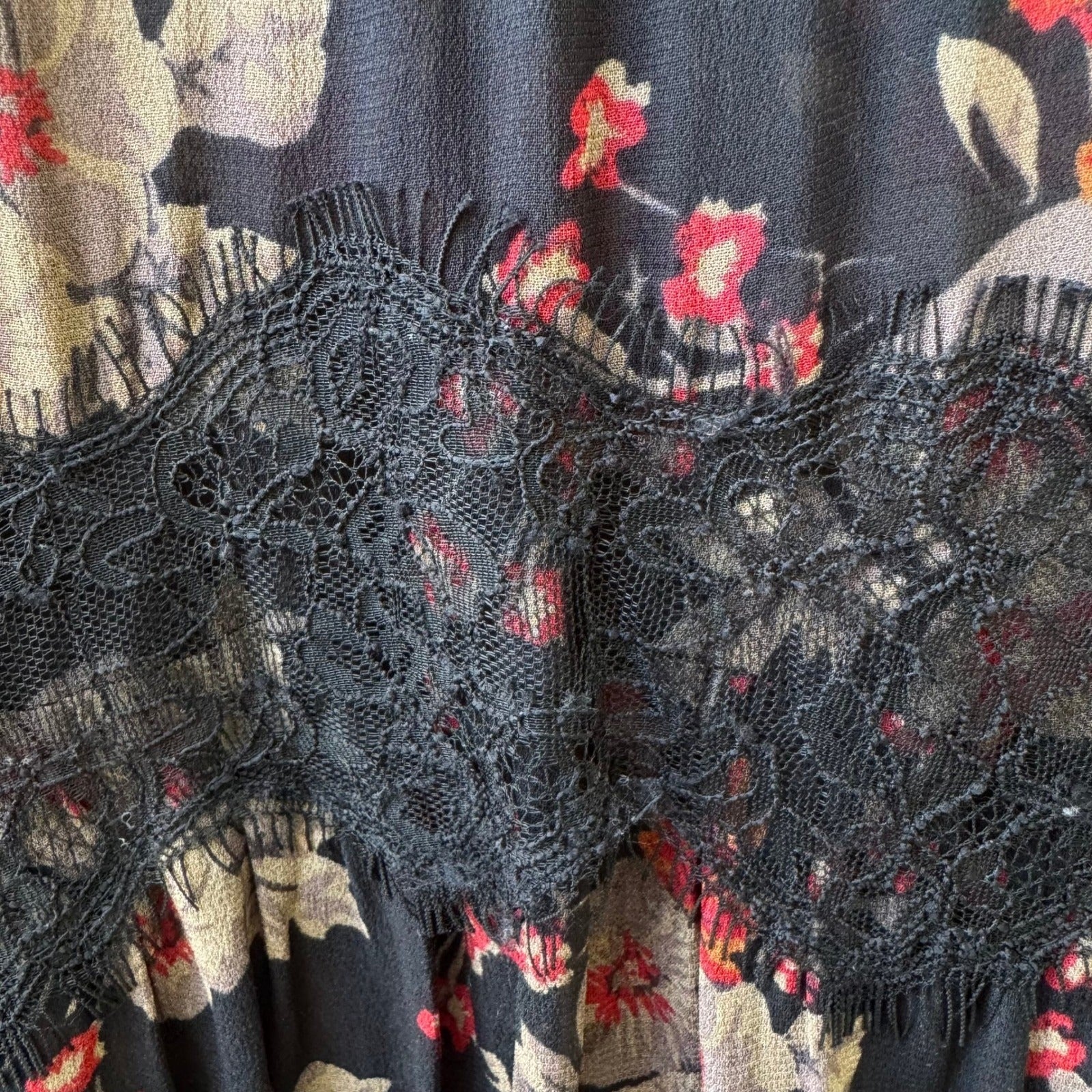 Zara Woman Boho Dark Floral Sheer Lace Smocked High Neck Balloon Sleeve Blouse