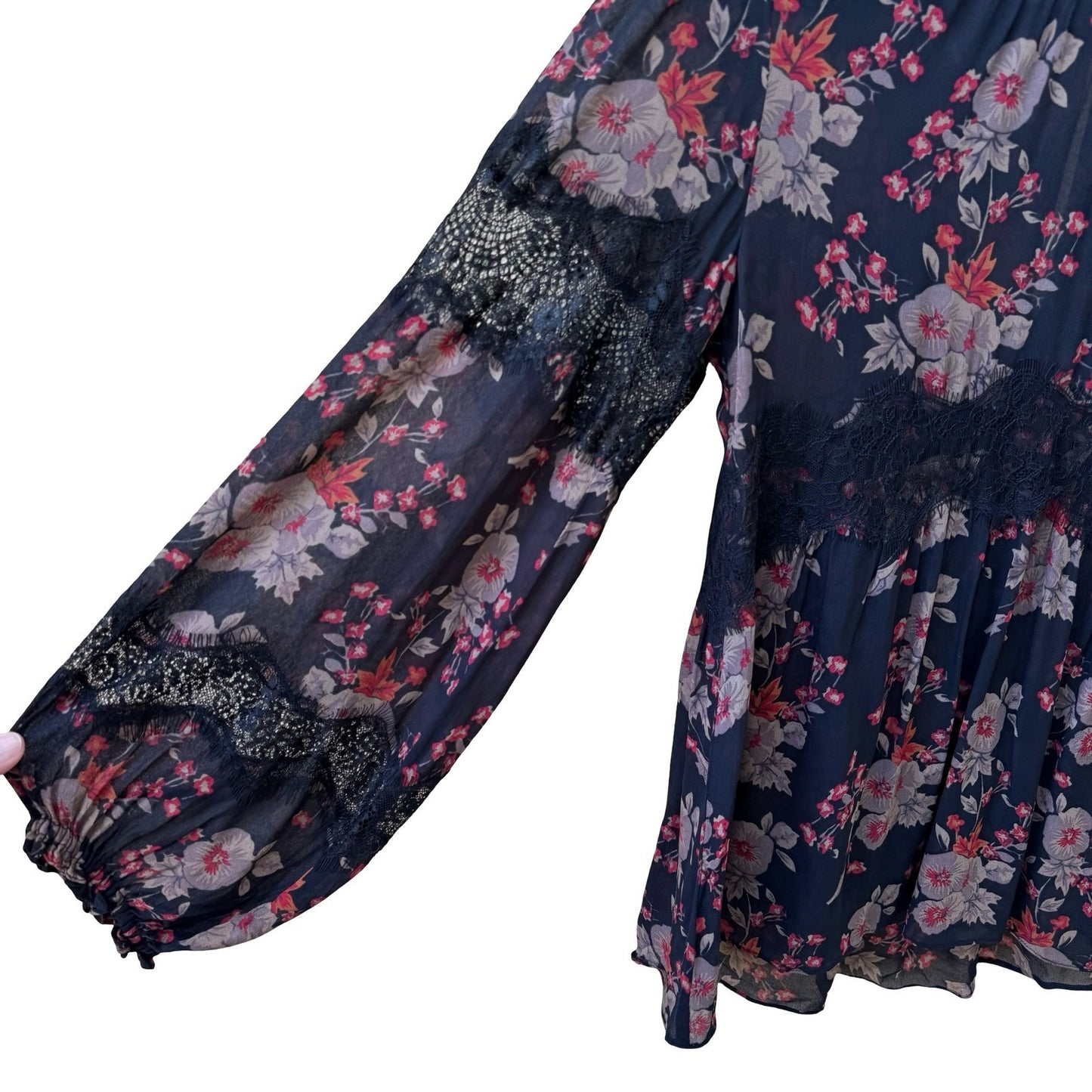 Zara Woman Boho Dark Floral Sheer Lace Smocked High Neck Balloon Sleeve Blouse