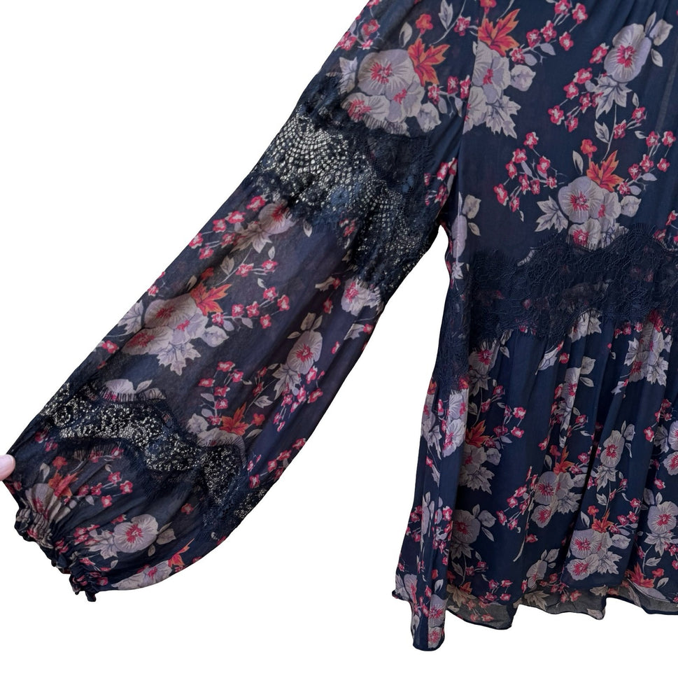 Zara Woman Boho Dark Floral Sheer Lace Smocked High Neck Balloon Sleeve Blouse