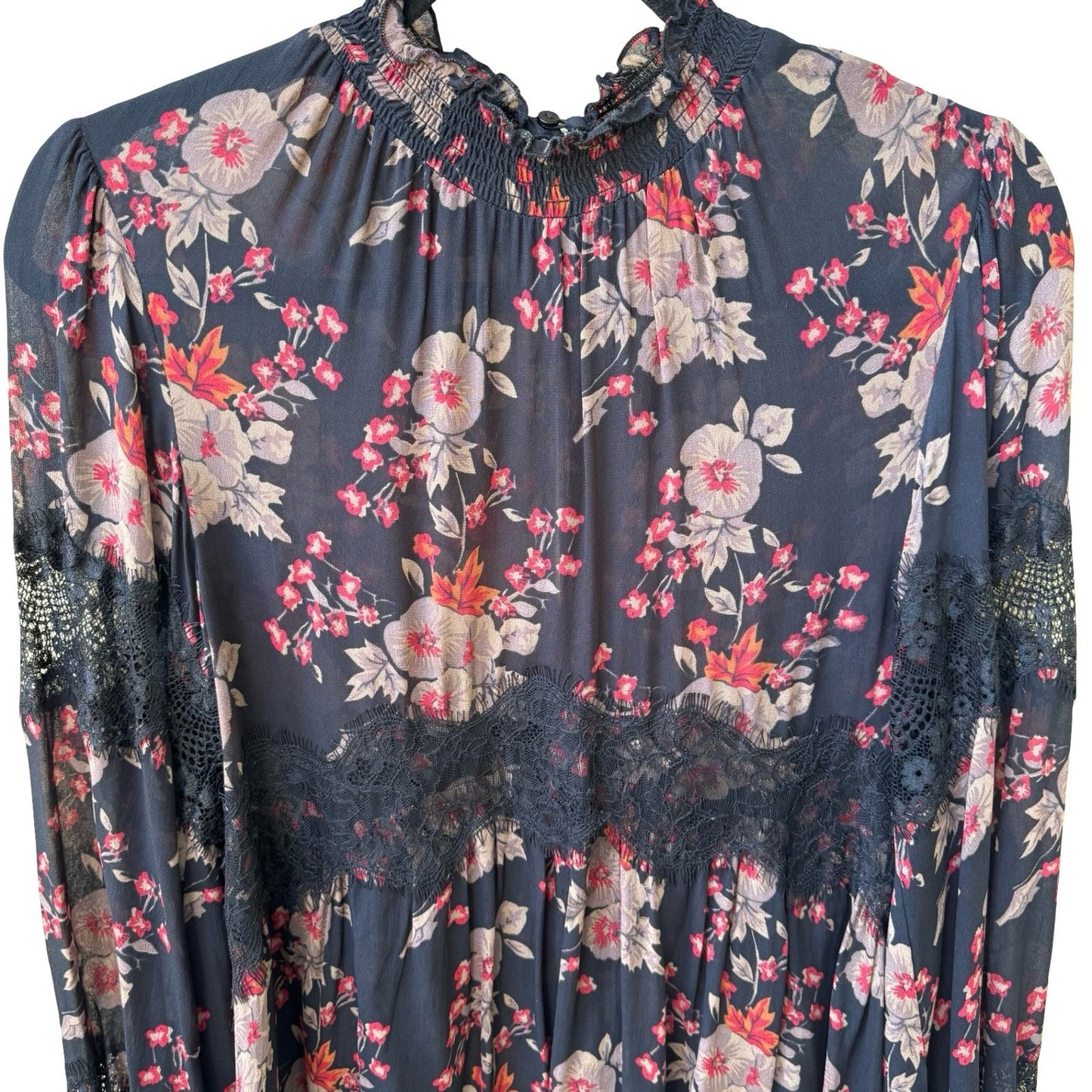 Zara Woman Boho Dark Floral Sheer Lace Smocked High Neck Balloon Sleeve Blouse