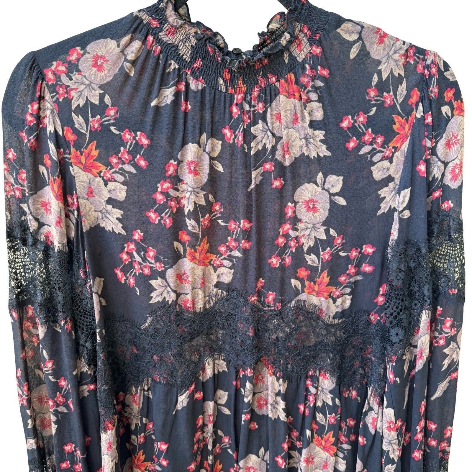 Zara Woman Boho Dark Floral Sheer Lace Smocked High Neck Balloon Sleeve Blouse